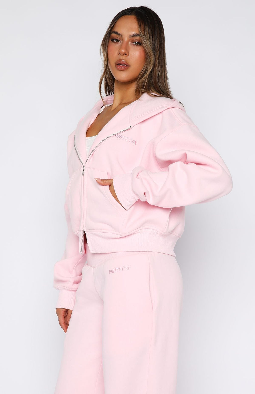 White Fox Come A Long Way Boxy Zip Front Hoodie Pink