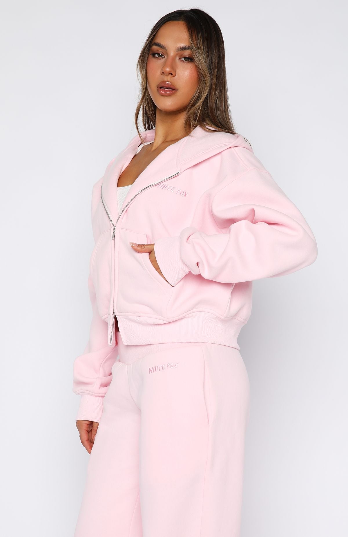 White Fox Come A Long Way Boxy Zip Front Hoodie Pink