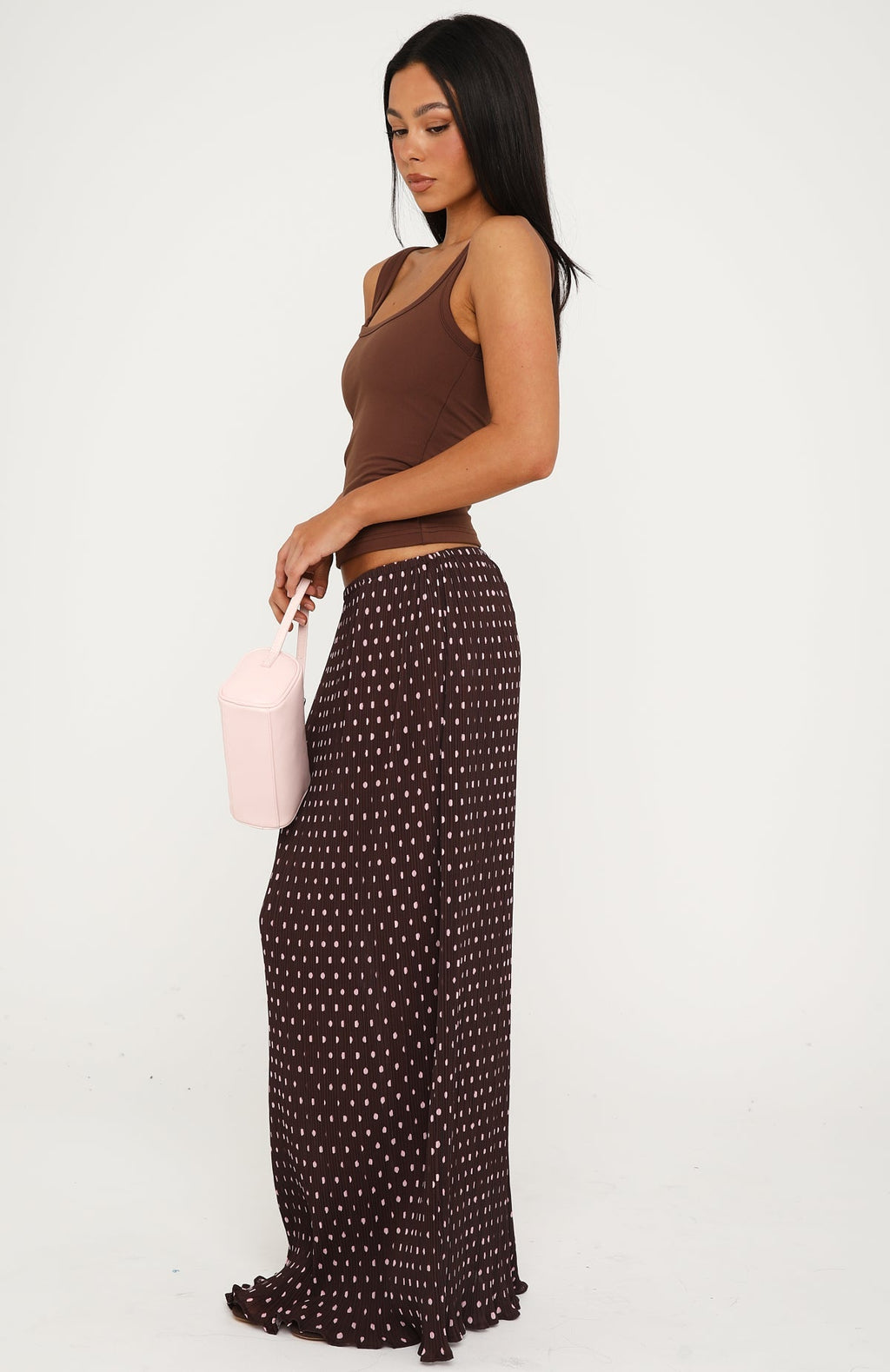 White Fox Flow State Maxi Skirt Choc/Pink Polka Dot