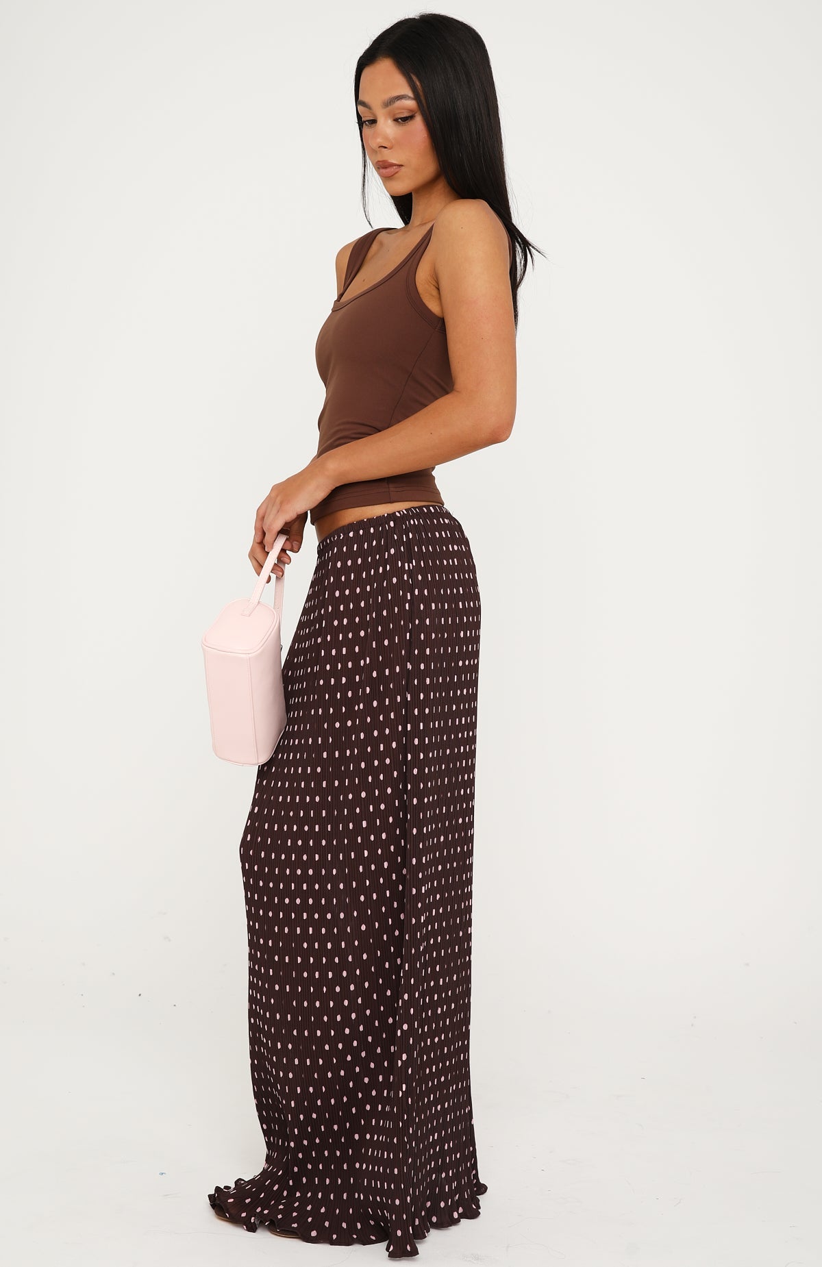 White Fox Flow State Maxi Skirt Choc/Pink Polka Dot