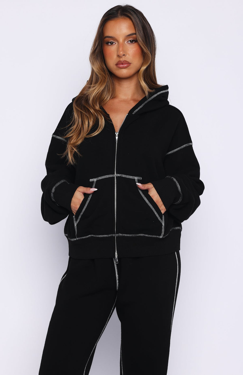 White Fox Flashing By Boxy Zip Front Hoodie Black