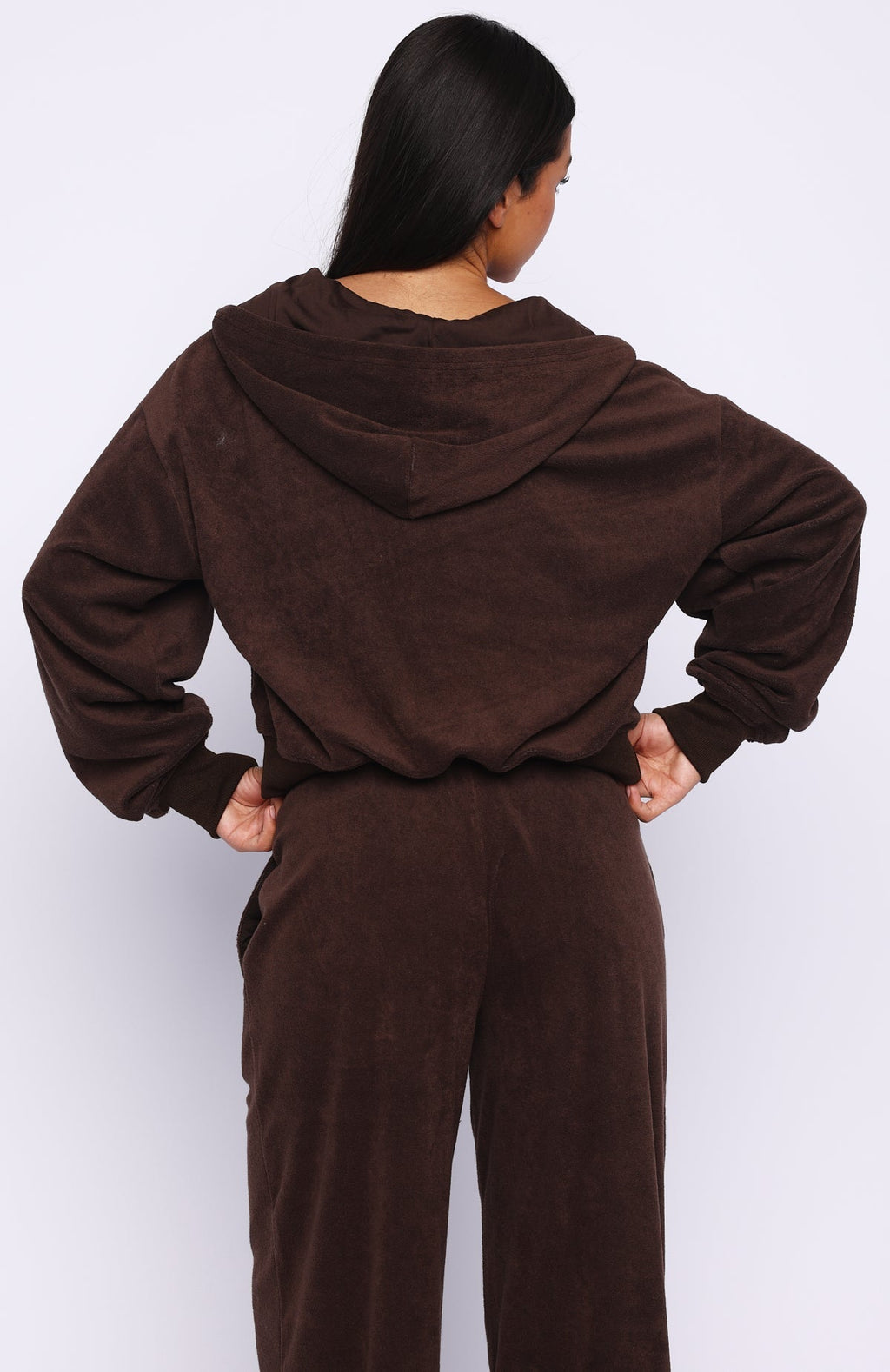 White Fox Causing Commotion Terry Boxy Zip Front Hoodie Chocolate