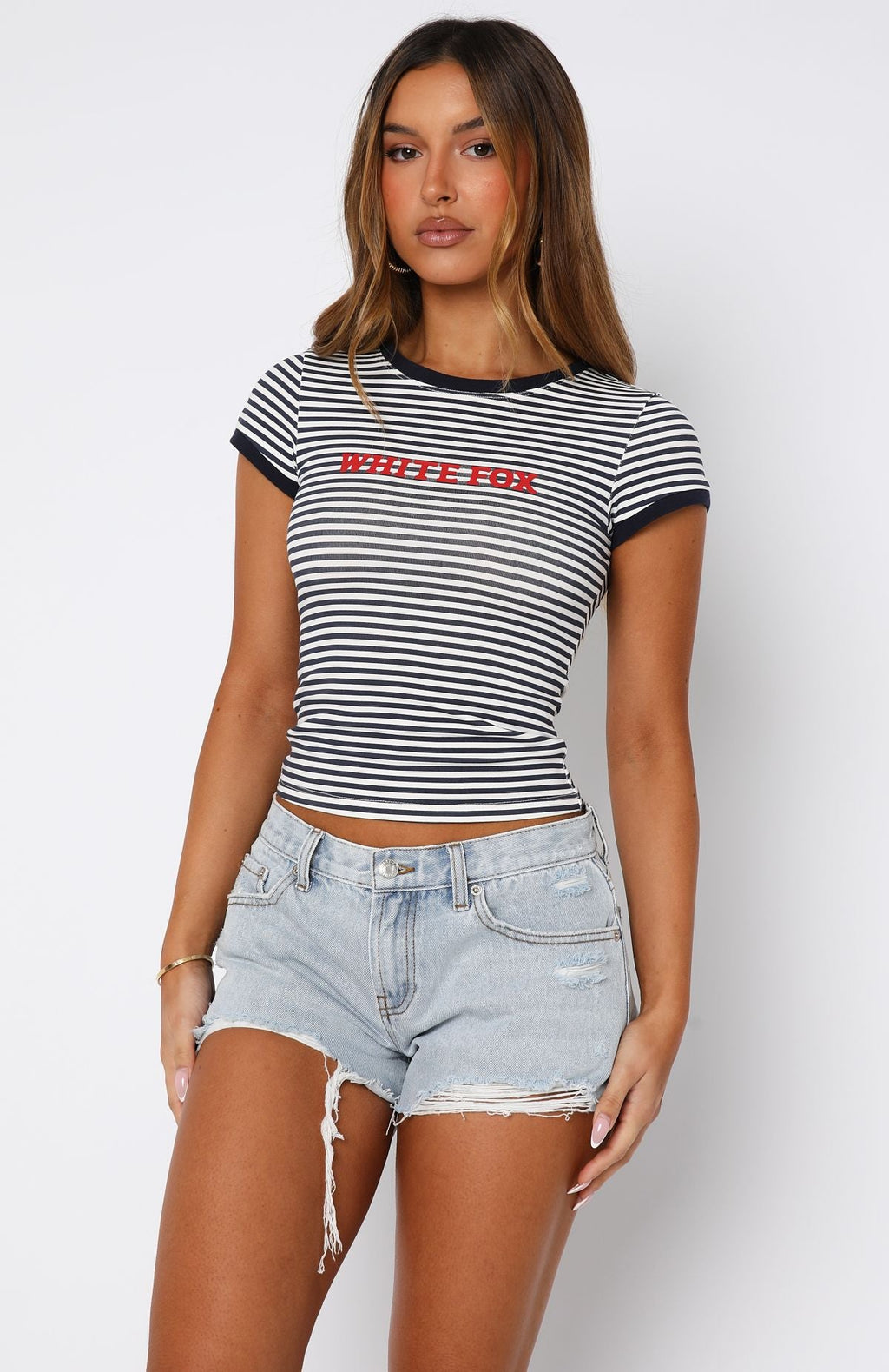 White Fox Public Attention Distressed Denim Shorts Glacier Blue Wash