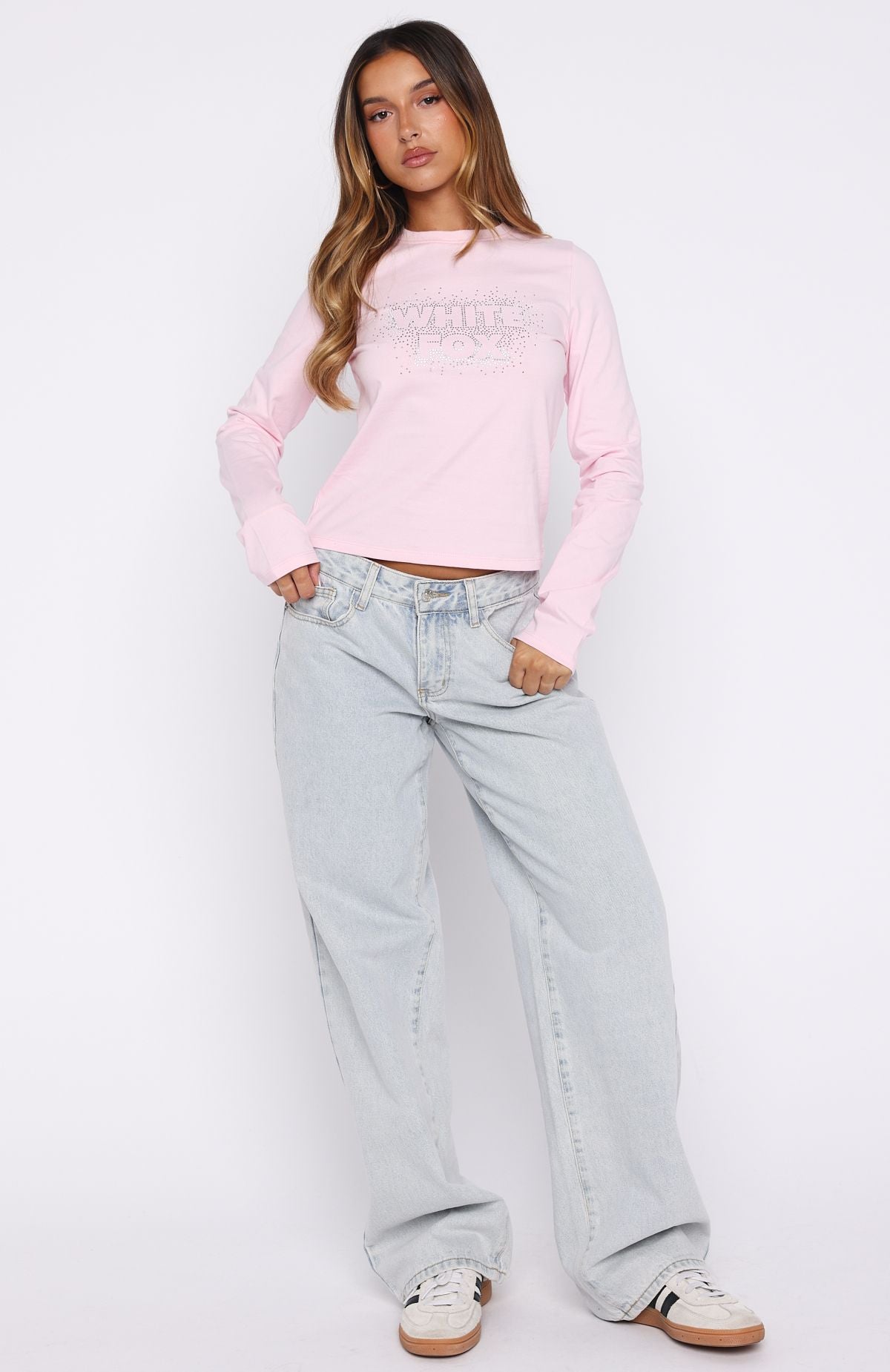 White Fox Let's Get Going Relaxed Long Sleeve Baby Tee Pink