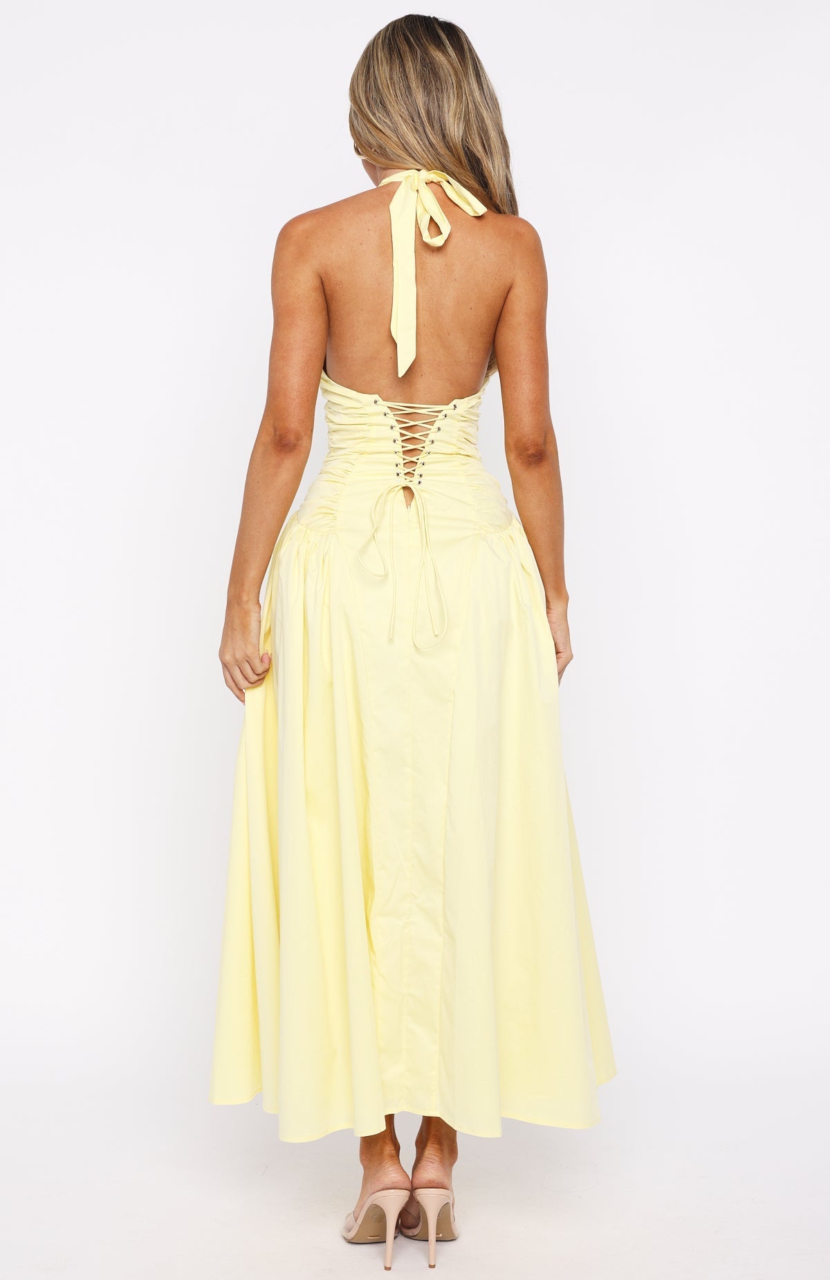 White Fox Tinsel Trouble Halter Midi Dress Lemon