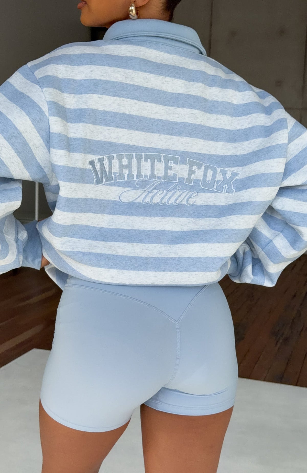 White Fox Best Influence Oversized Henley Sweater Grey Marle / Blue Stripe