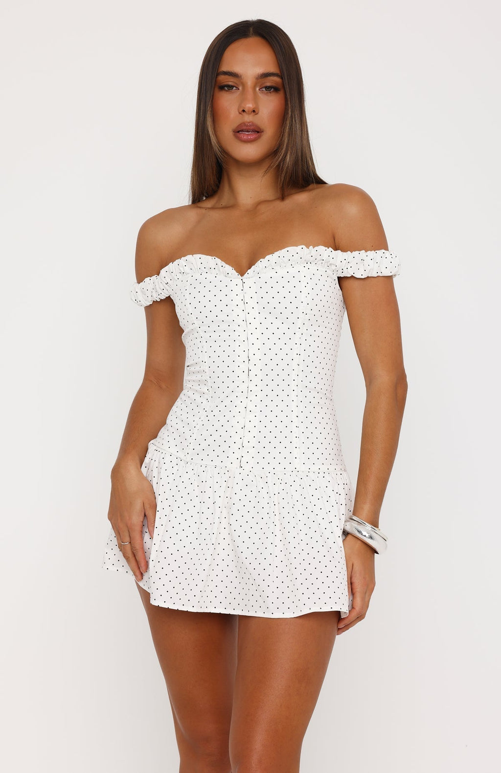 White Fox Cuteness Overload Off Shoulder Mini Dress White/Black Polka Dot