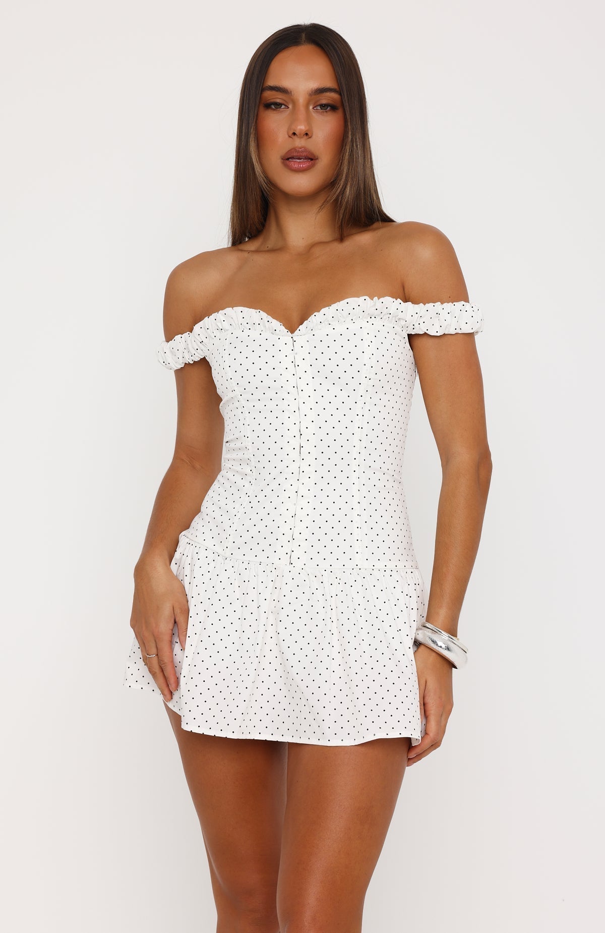 White Fox Cuteness Overload Off Shoulder Mini Dress White/Black Polka Dot