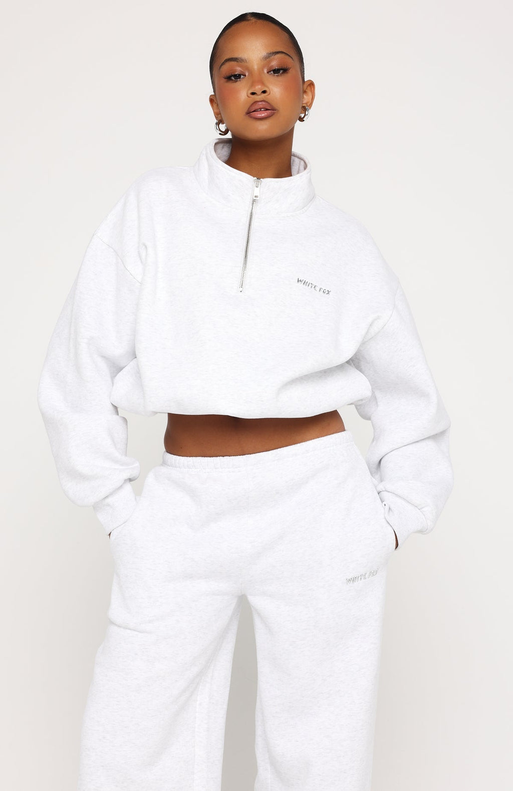 White Fox Test Drive Boxy Quarter Zip Sweater Grey Marle