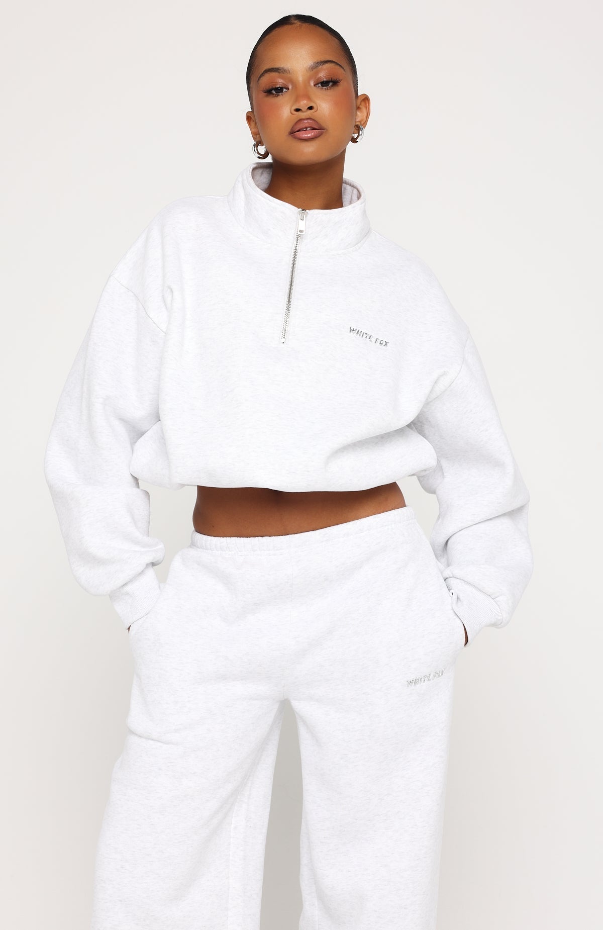 White Fox Test Drive Boxy Quarter Zip Sweater Grey Marle