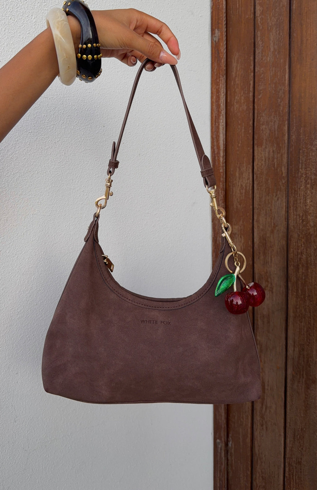 White Fox Jane Shoulder Bag Chocolate Faux Suede