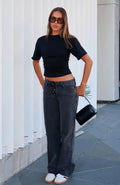 White Fox Making Appearances Mid Rise Lace Up Straight Leg Jeans Black Acid Wash