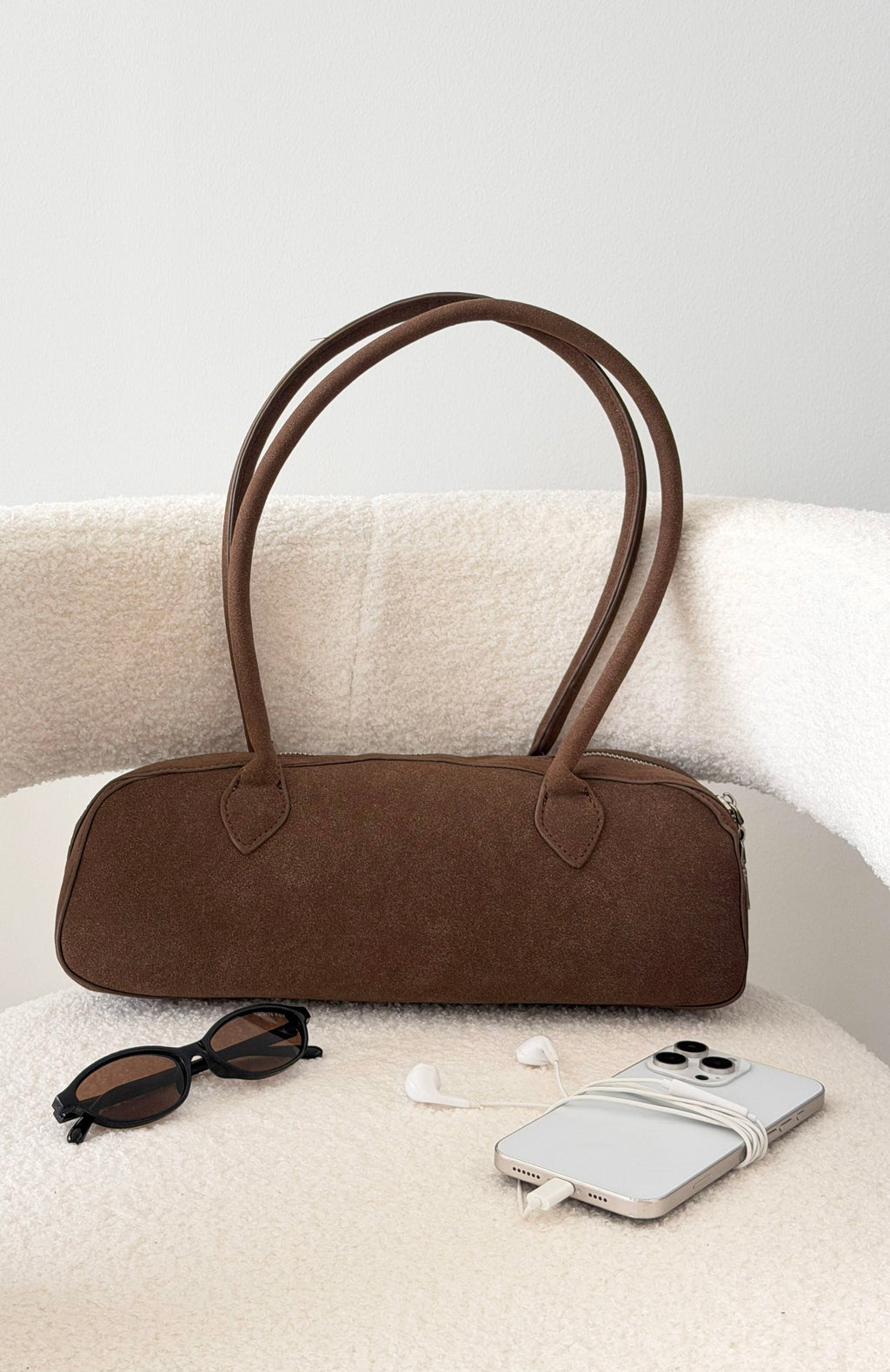White Fox Jaina Shoulder Bag Chocolate Faux Suede