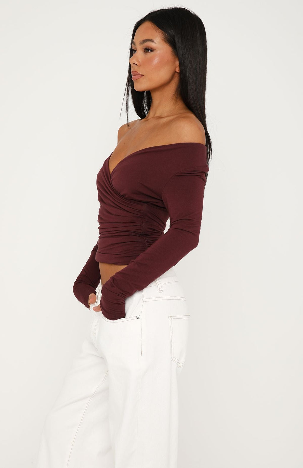 White Fox Sparks Fly Cinched Waist Off Shoulder Long Sleeve Top Cherry Chocolate