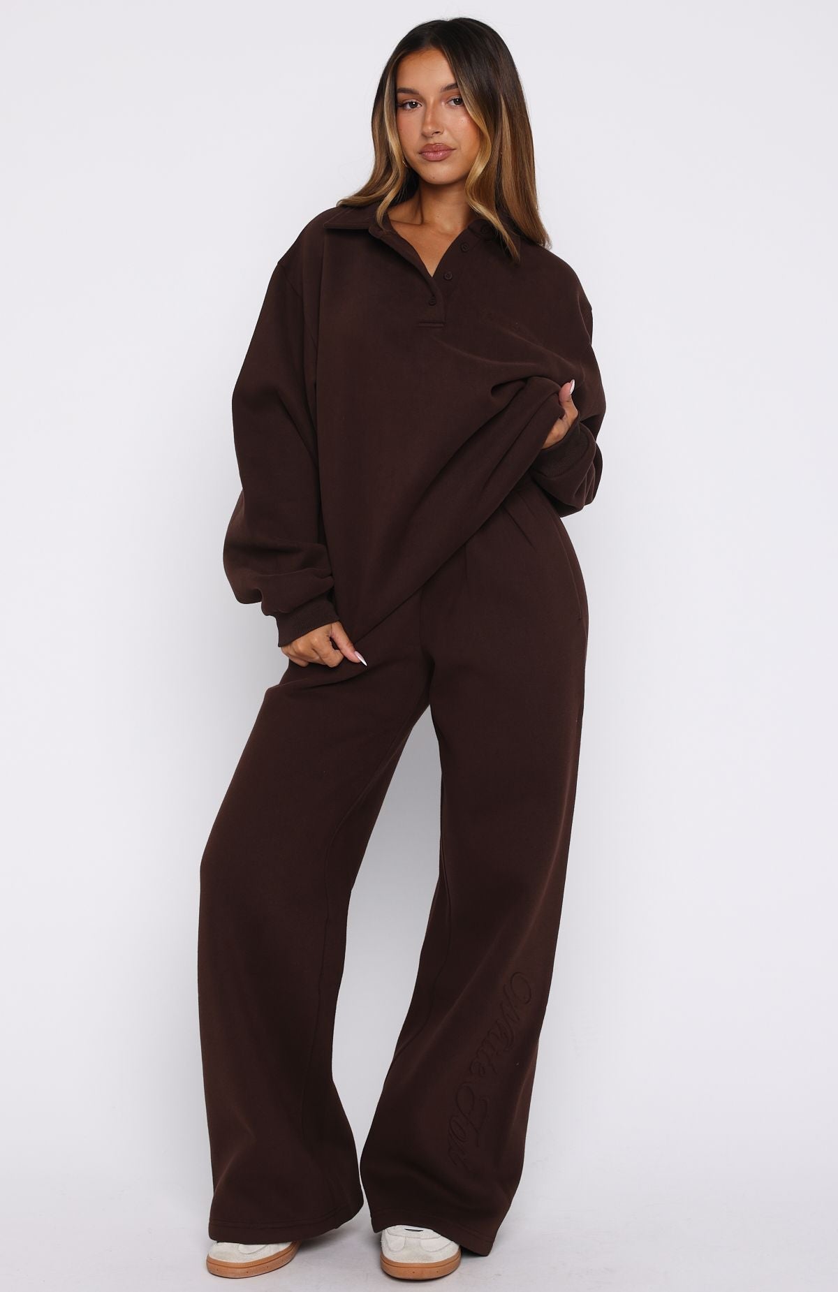 White Fox Chill Moves Oversized Henley Sweater Chocolate
