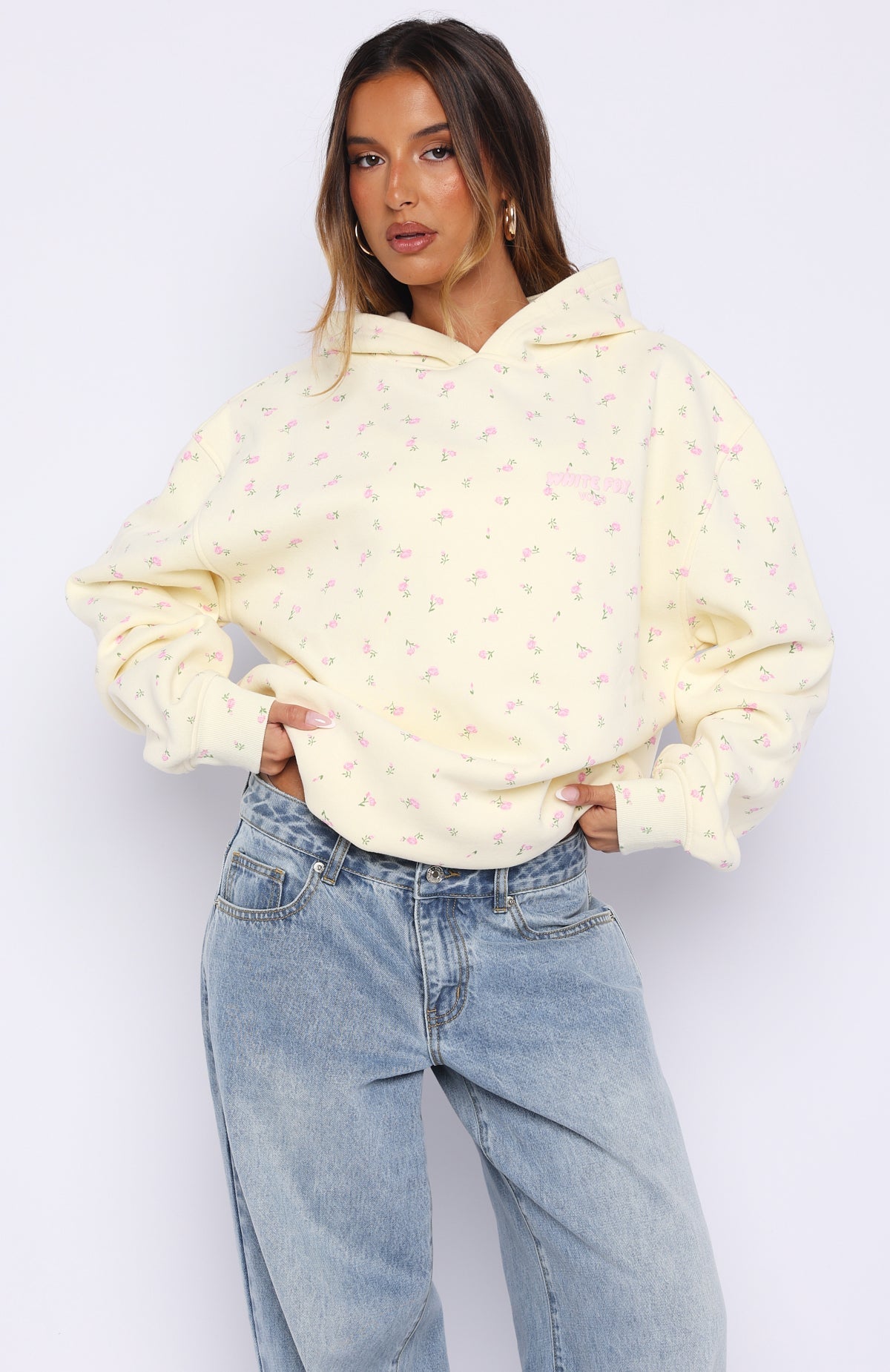 White Fox Offstage Printed Oversized Hoodie Lemon Ditsy