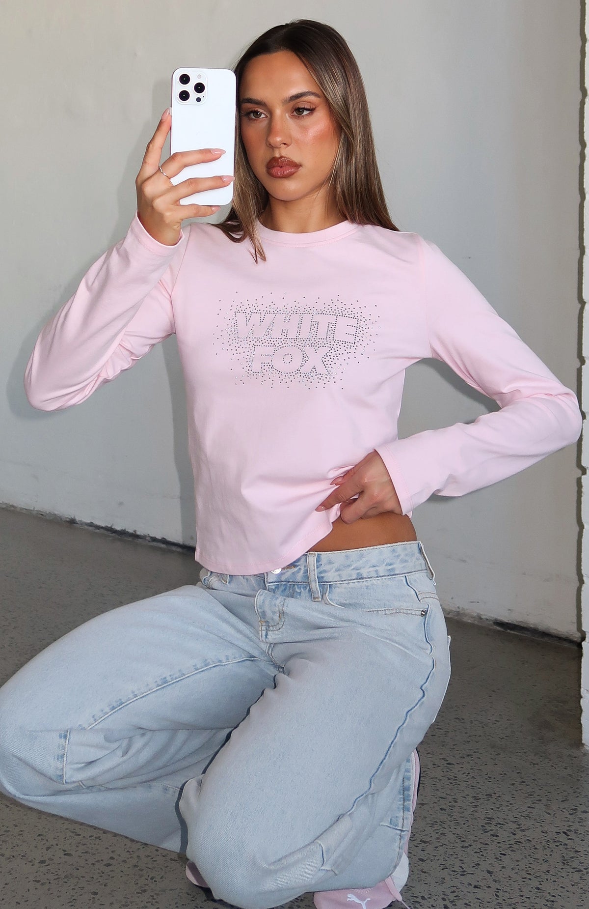 White Fox Let's Get Going Relaxed Long Sleeve Baby Tee Pink