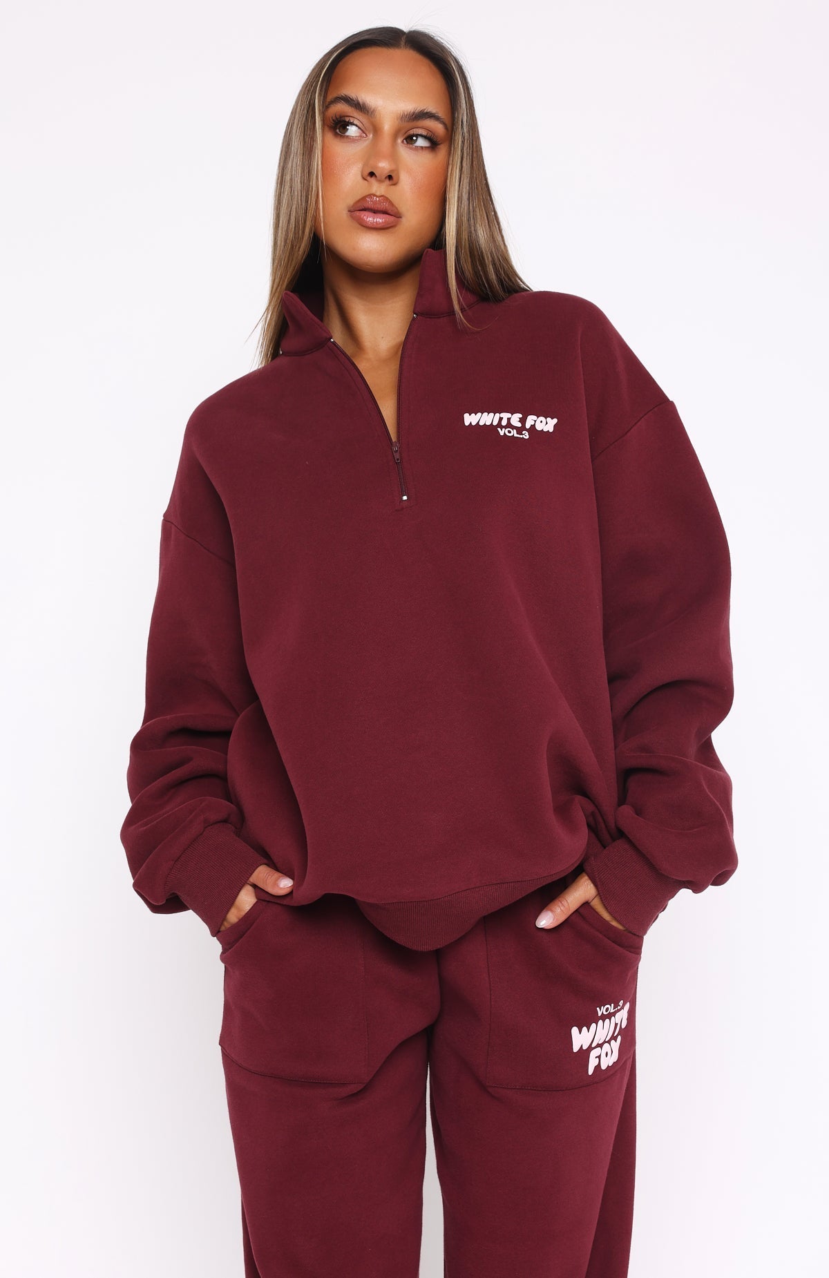 White Fox Offstage Zip Front Sweater Red Velvet