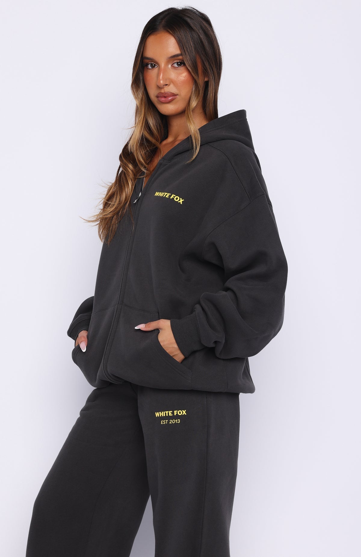 White Fox Proving Myself Wrong Zip Front Hoodie Charcoal