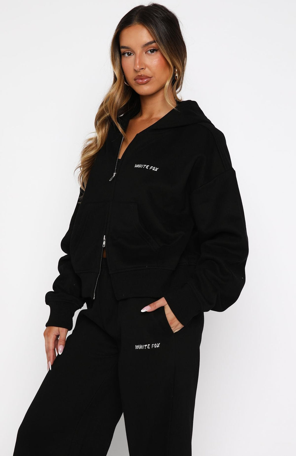 White Fox Test Drive Boxy Zip Front Hoodie Black