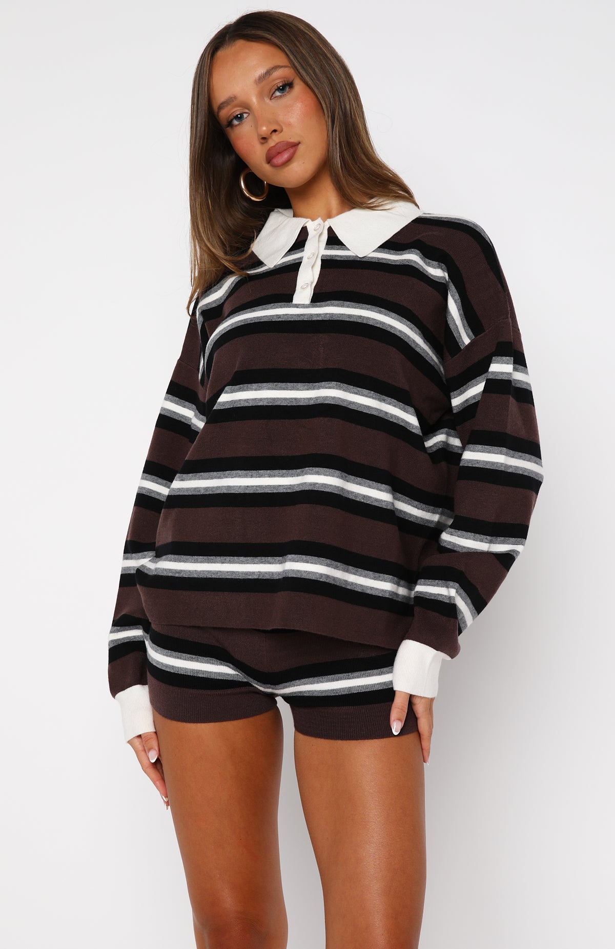 White Fox It's Ok, I'm Ok Knit Sweater Chestnut Stripe