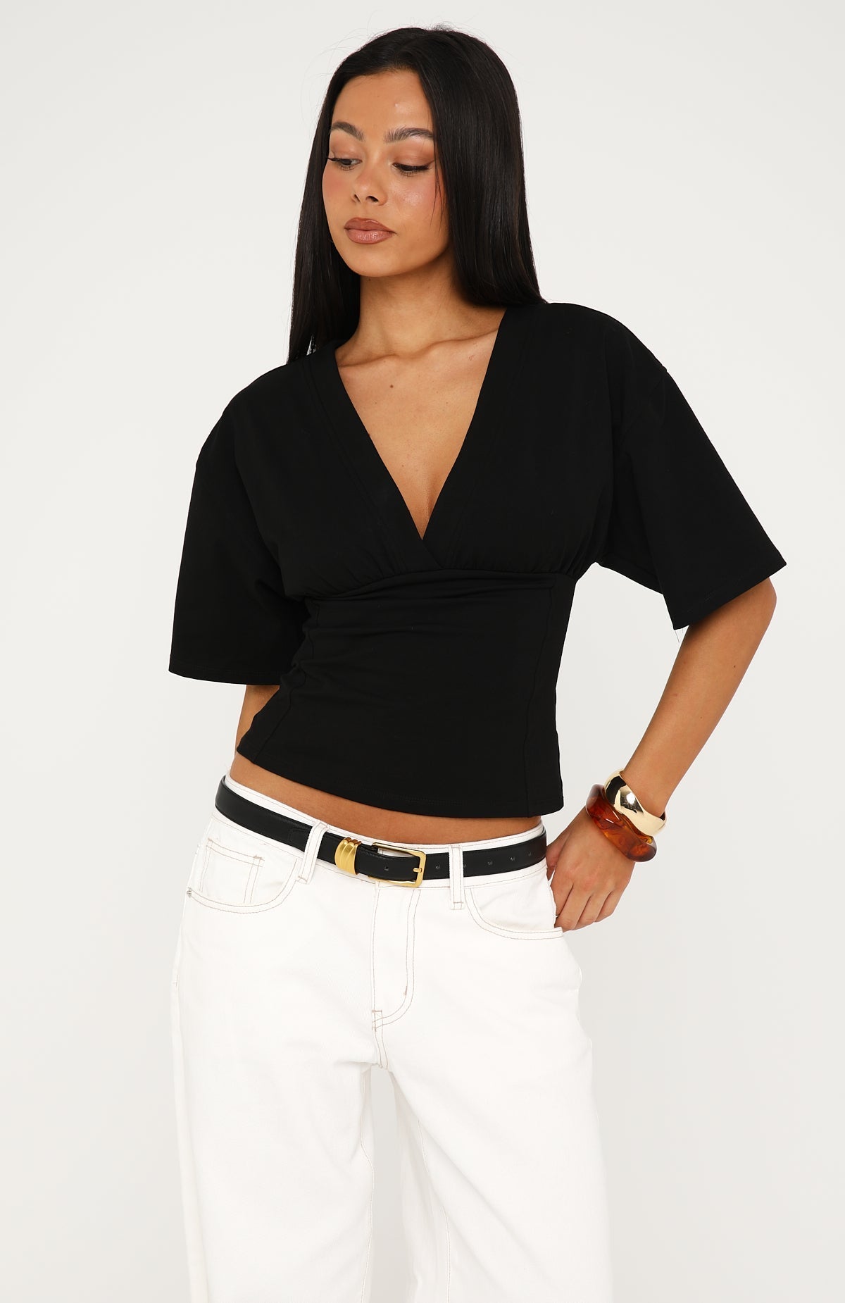 White Fox All On The Line V Neck Short Sleeve Top Black