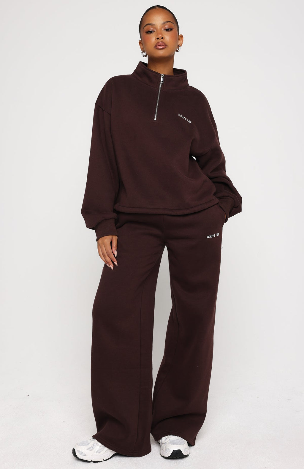 White Fox Test Drive Boxy Quarter Zip Sweater Chocolate