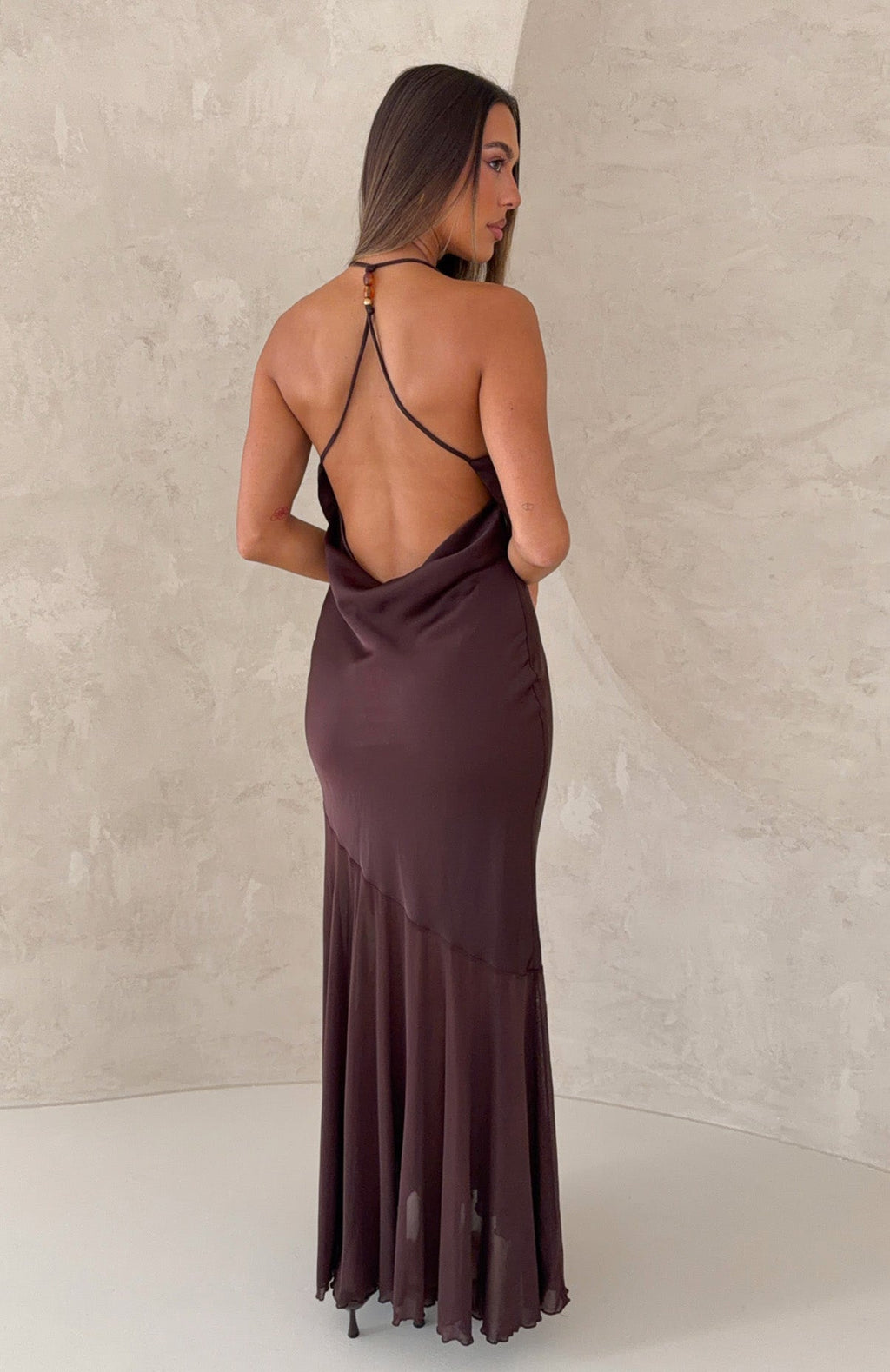 White Fox Power Pose Only Halter Maxi Dress Chocolate