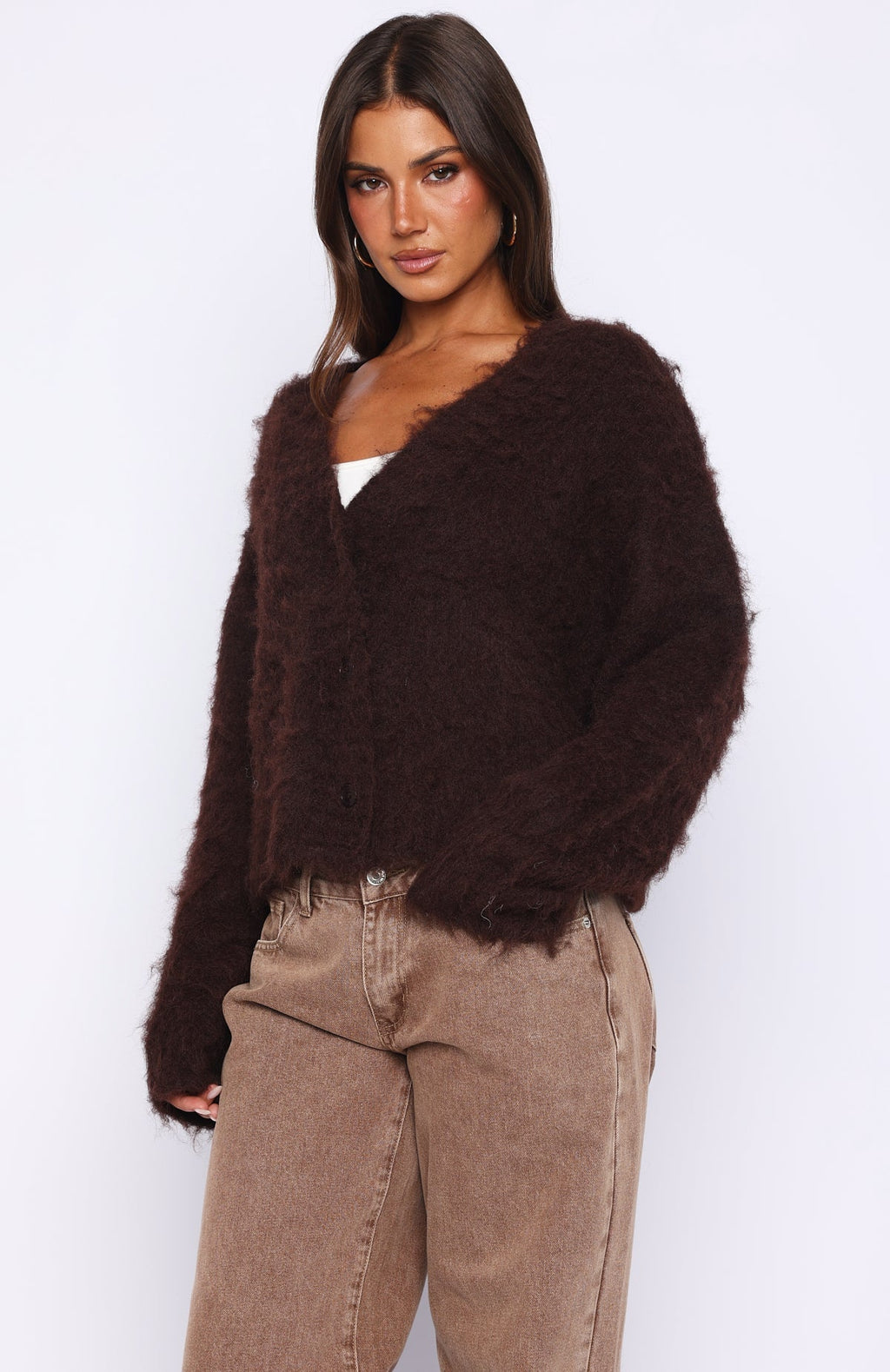 White Fox Cozy Vibes Knit Cardigan Chocolate