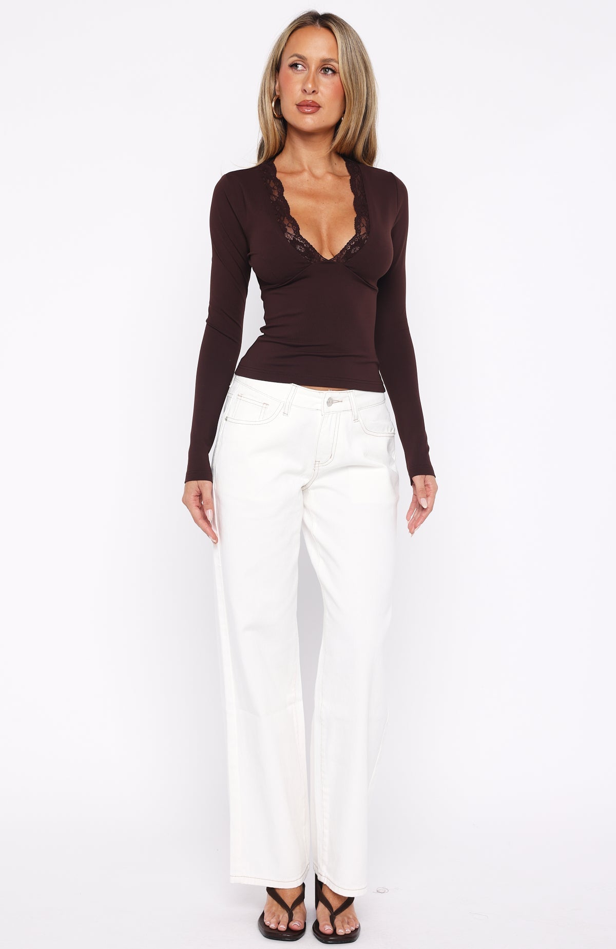 White Fox Knew That All Along Lace Trim Long Sleeve Top Chocolate