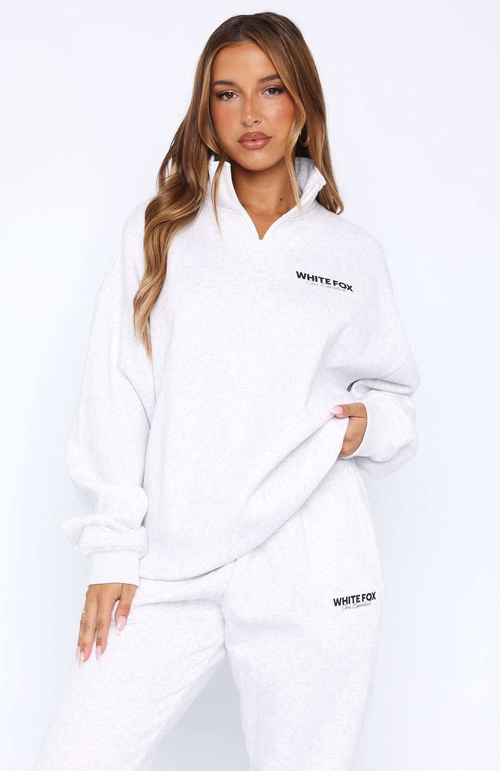 White Fox Core Essentials Zip Sweater Grey Marle