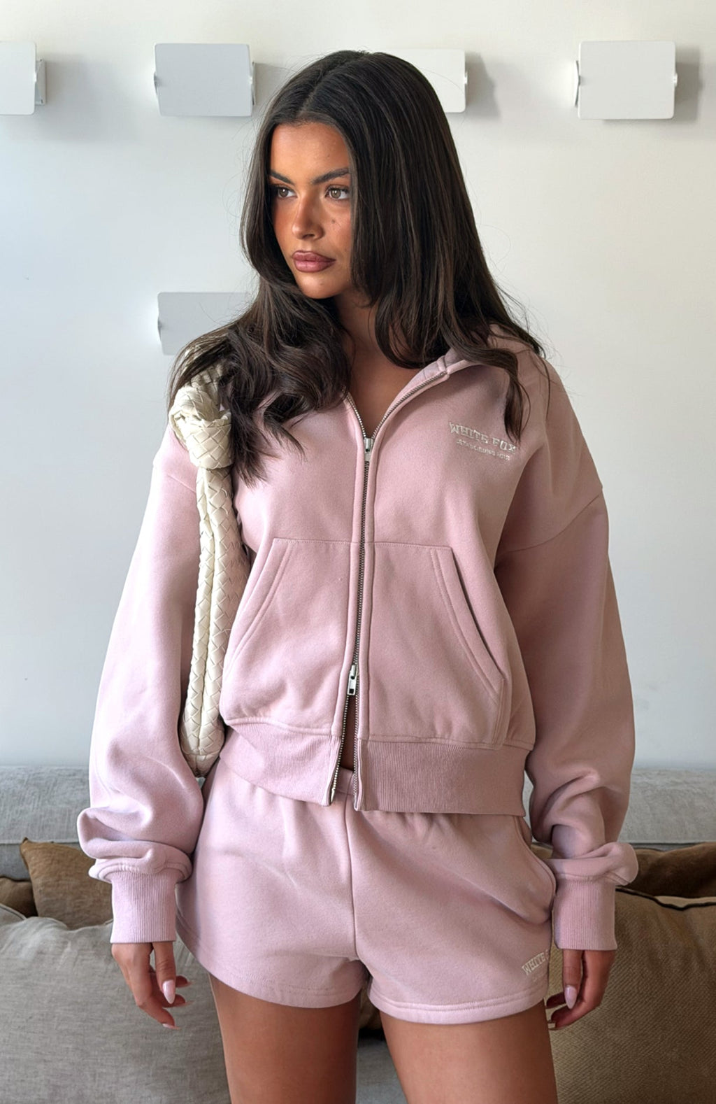 White Fox Can't Miss It Boxy Zip Front Hoodie Dusty Pink
