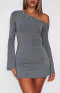 White Fox Live Loud Long Sleeve Mini Dress Charcoal