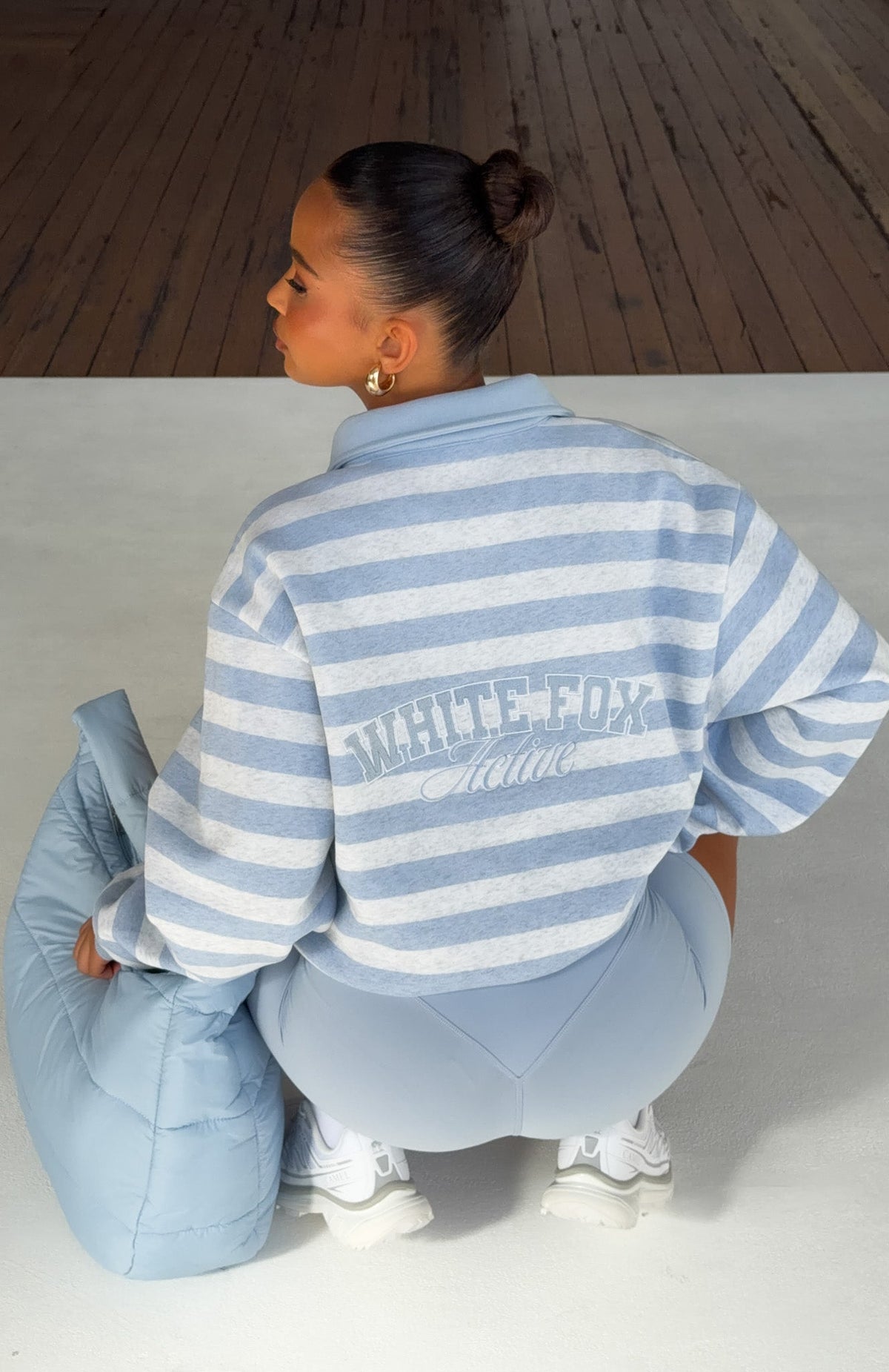 White Fox Best Influence Oversized Henley Sweater Grey Marle / Blue Stripe