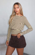 White Fox Catch My Heart Cinched Waist Long Sleeve Top Chocolate/Banana Stripe