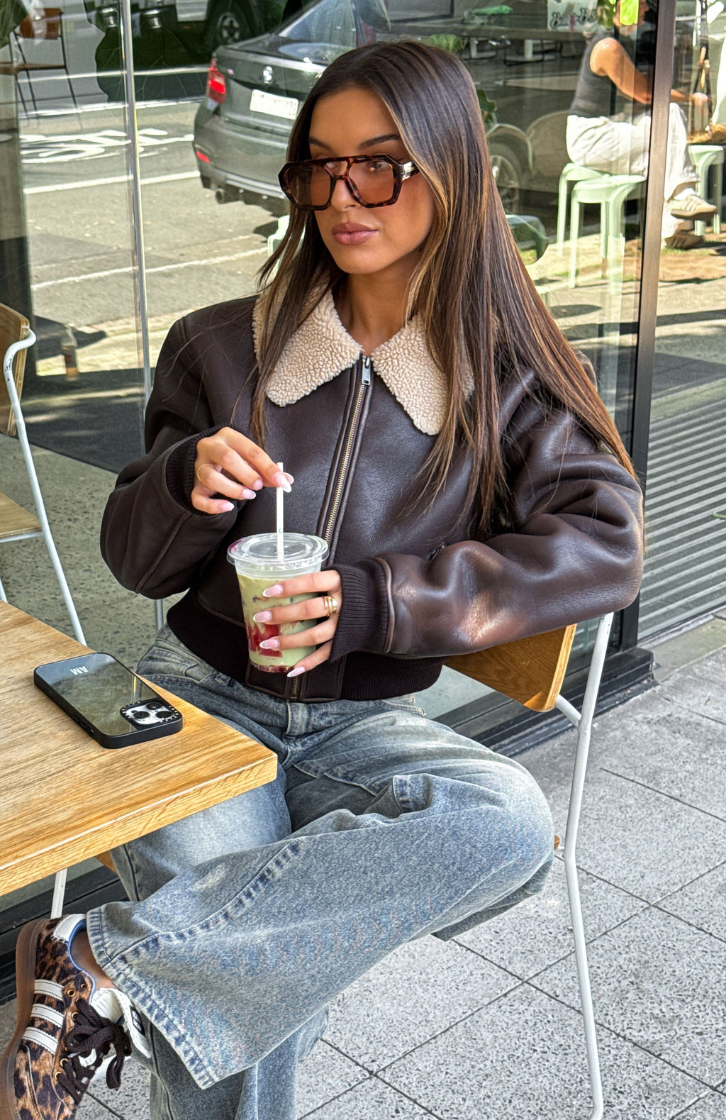 White Fox For The People PU Bomber Jacket Chocolate