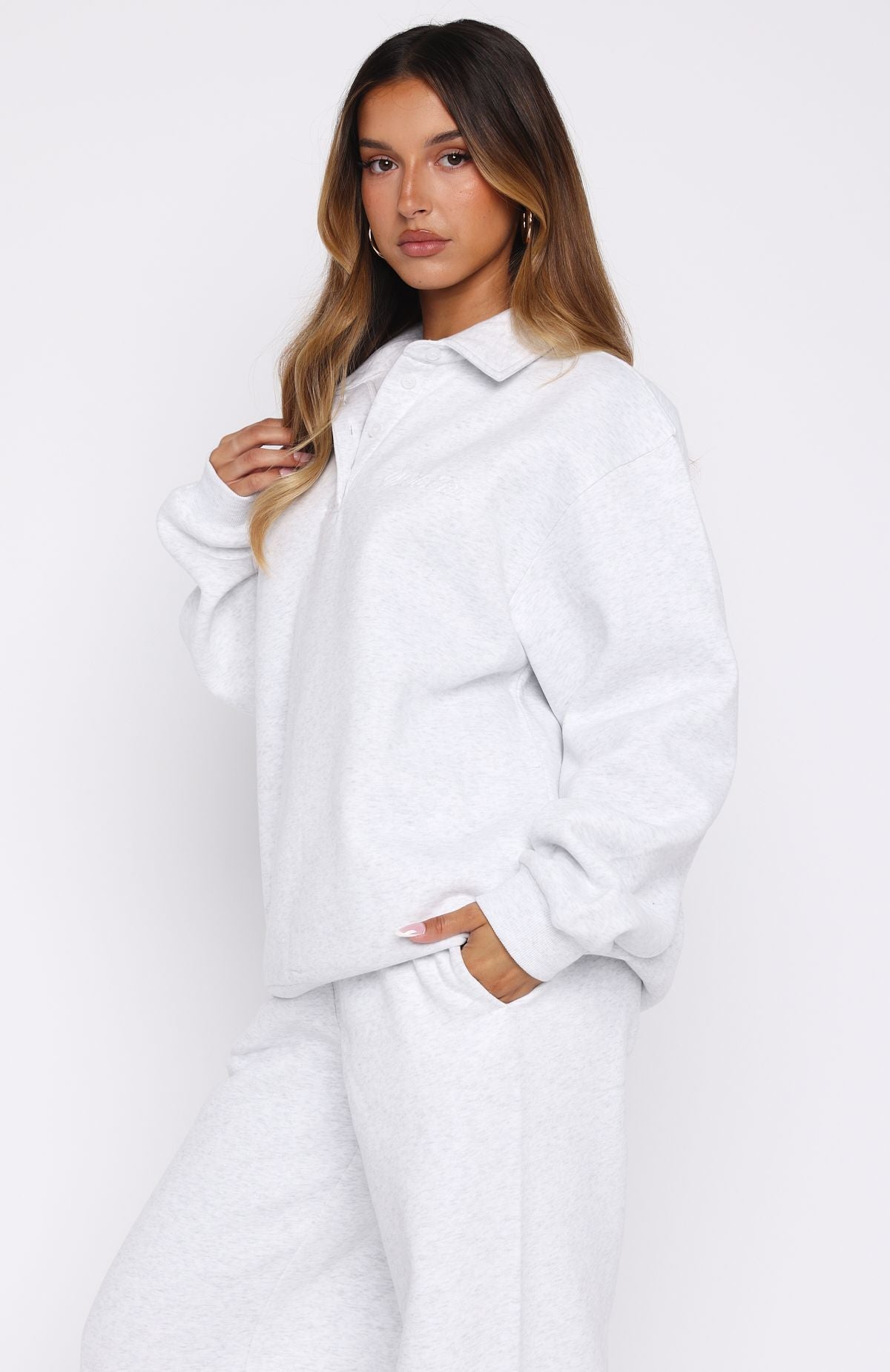 White Fox Chill Moves Oversized Henley Sweater Grey Marle