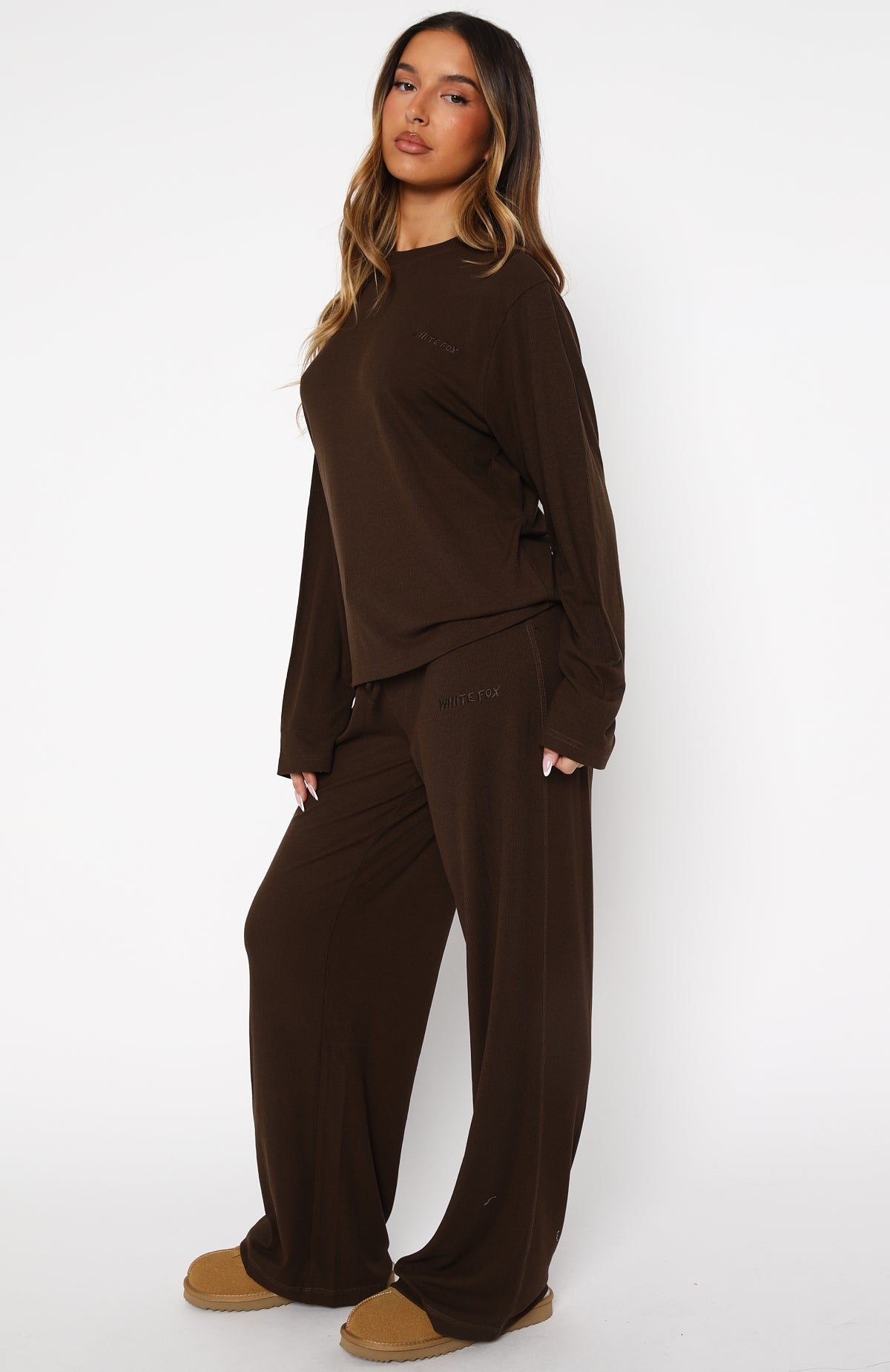 White Fox Come A Long Way Soft Lounge Ribbed Wide Leg Pants Chocolate