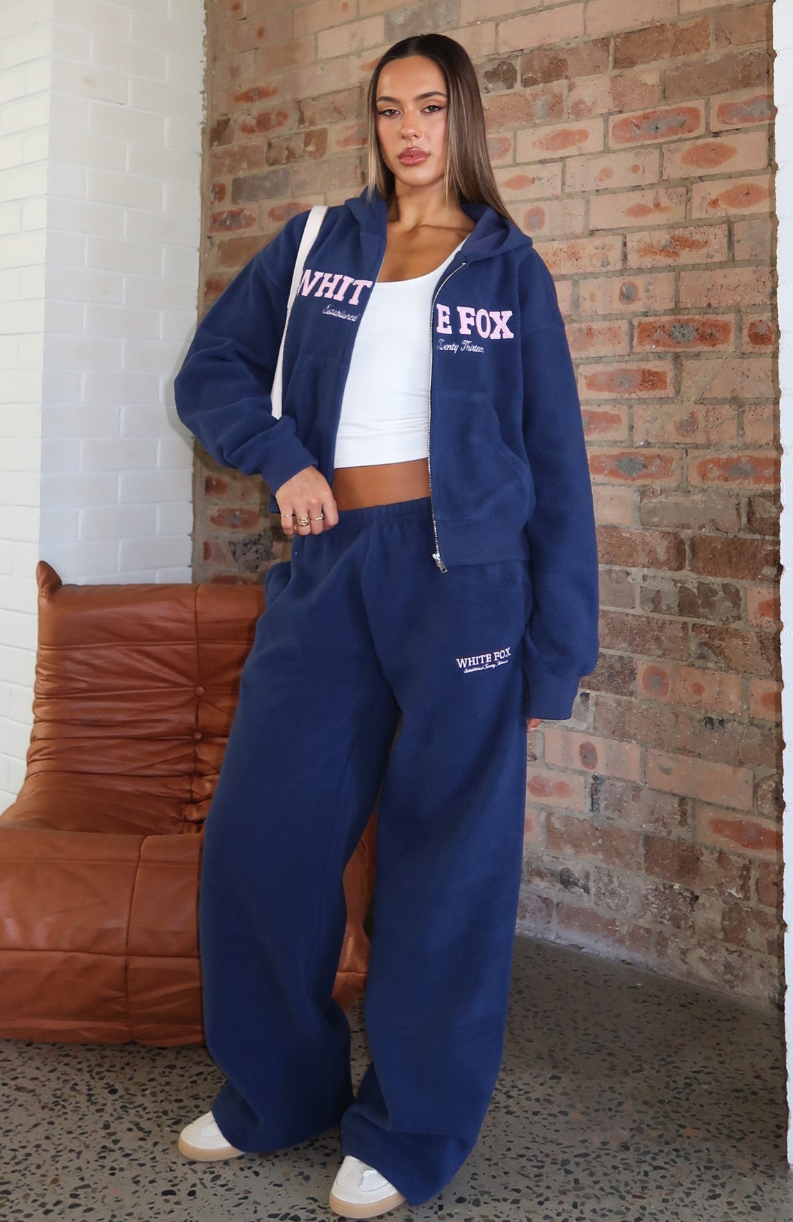 White Fox Just For Now Fleece Wide Leg Sweatpants Navy