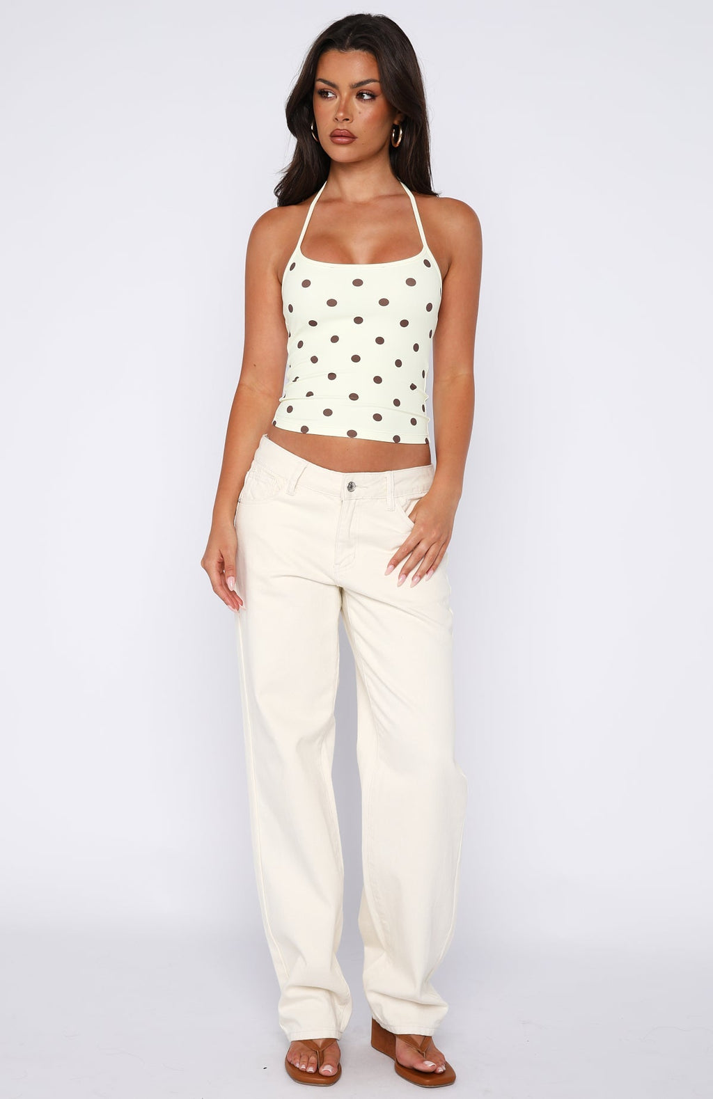 White Fox Poker Face Halter Top Chocolate/Banana Polka Dot