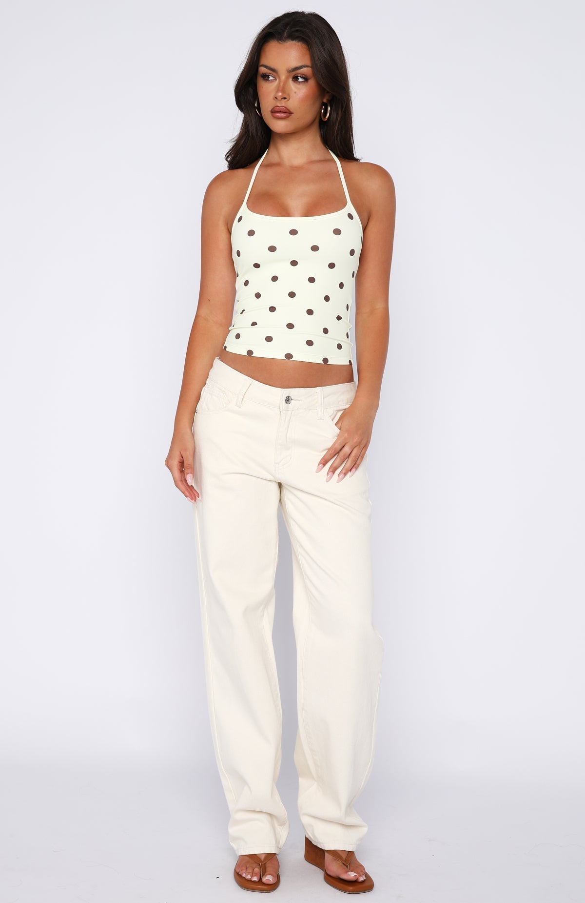 White Fox Poker Face Halter Top Chocolate/Banana Polka Dot