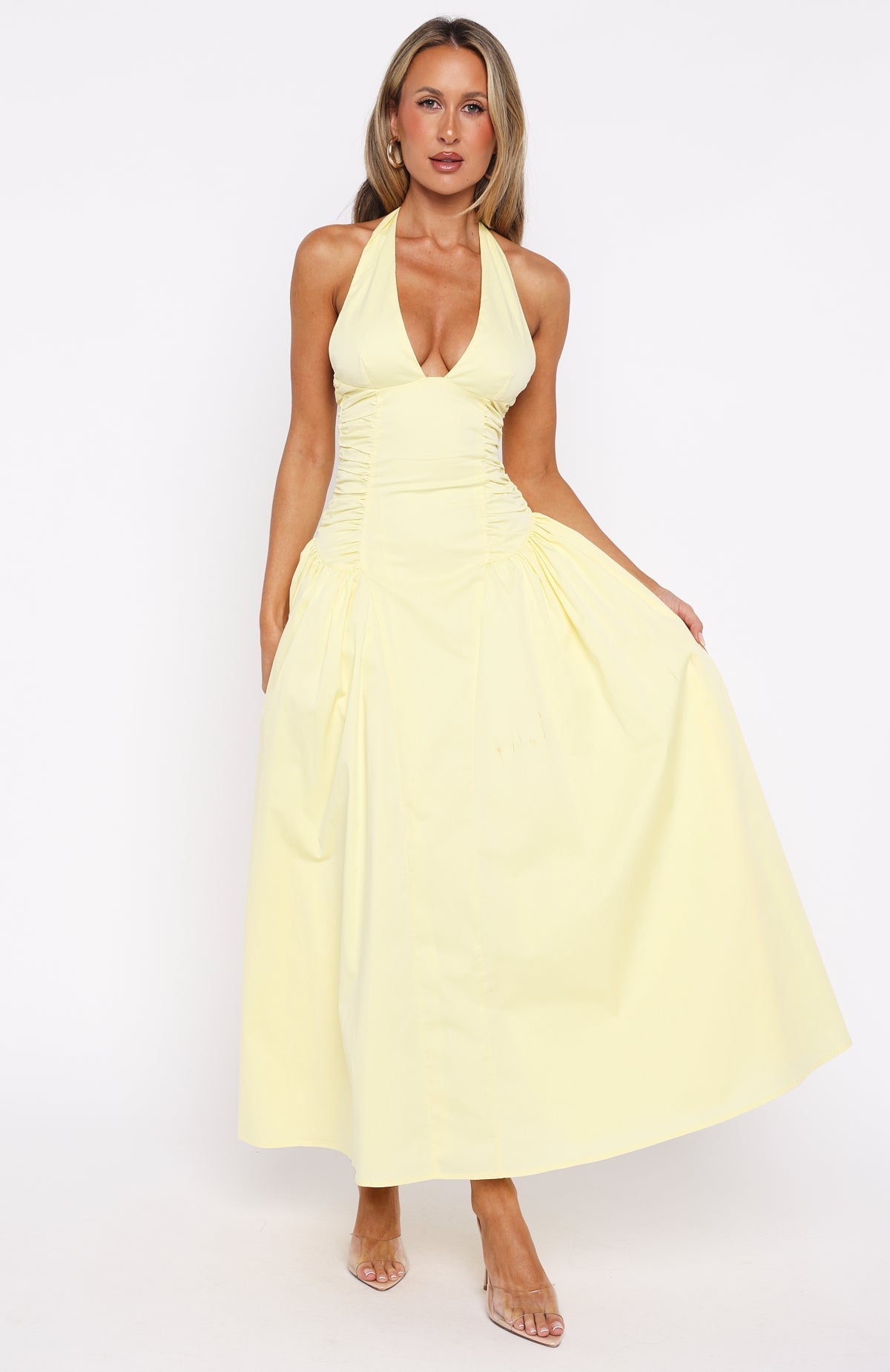 White Fox Tinsel Trouble Halter Midi Dress Lemon