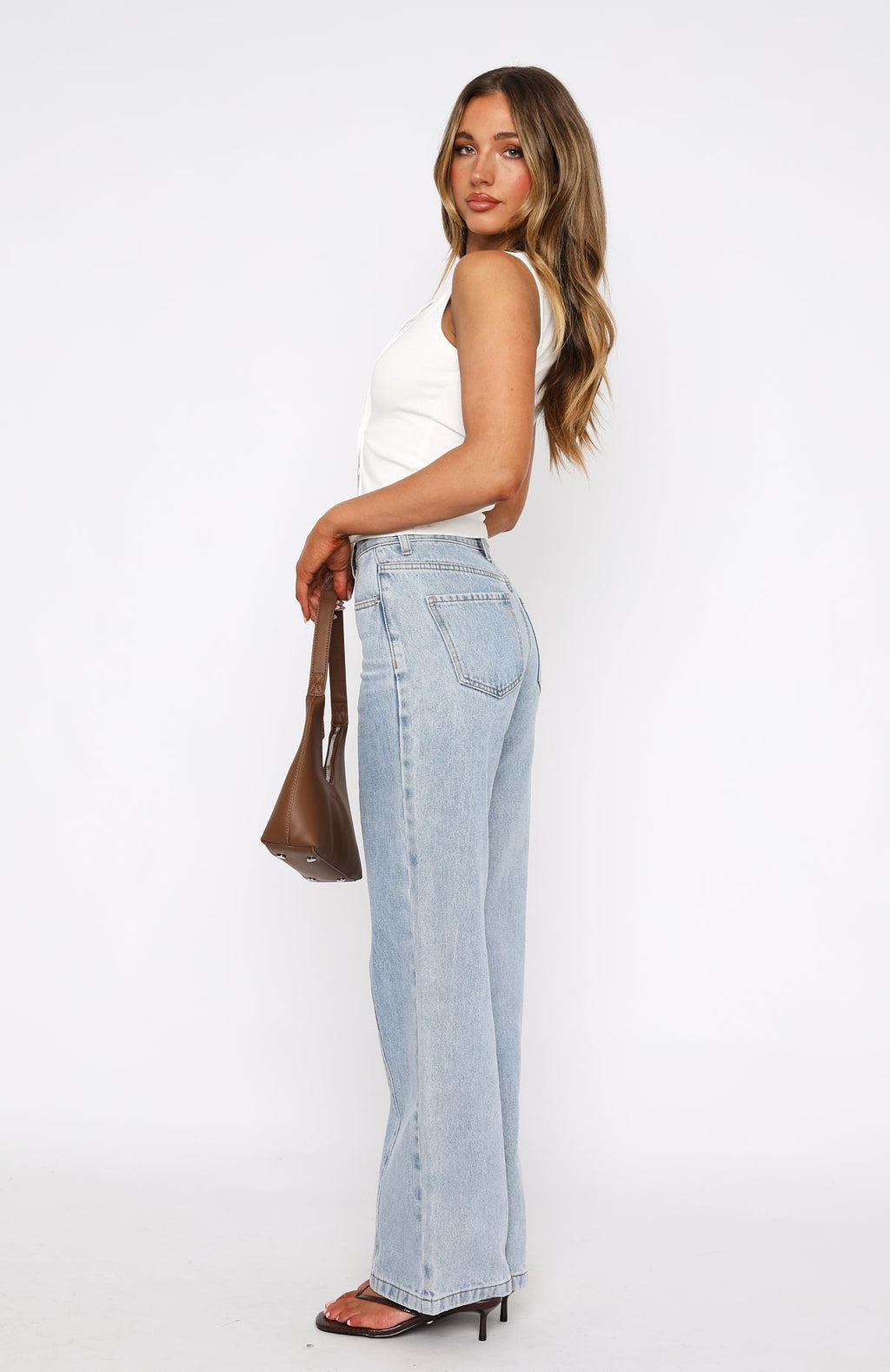 White Fox Layla Mid Rise Straight Leg Jeans Light Blue Wash