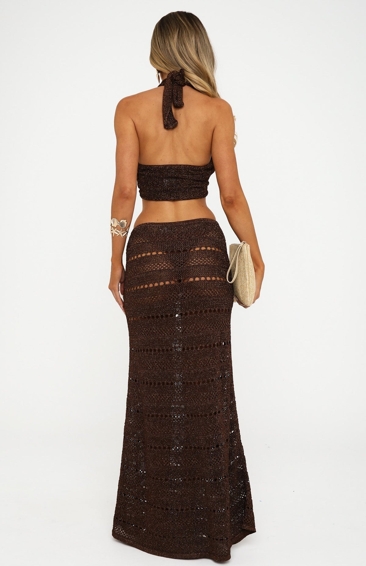 White Fox Chiara Crochet Maxi Skirt Chocolate
