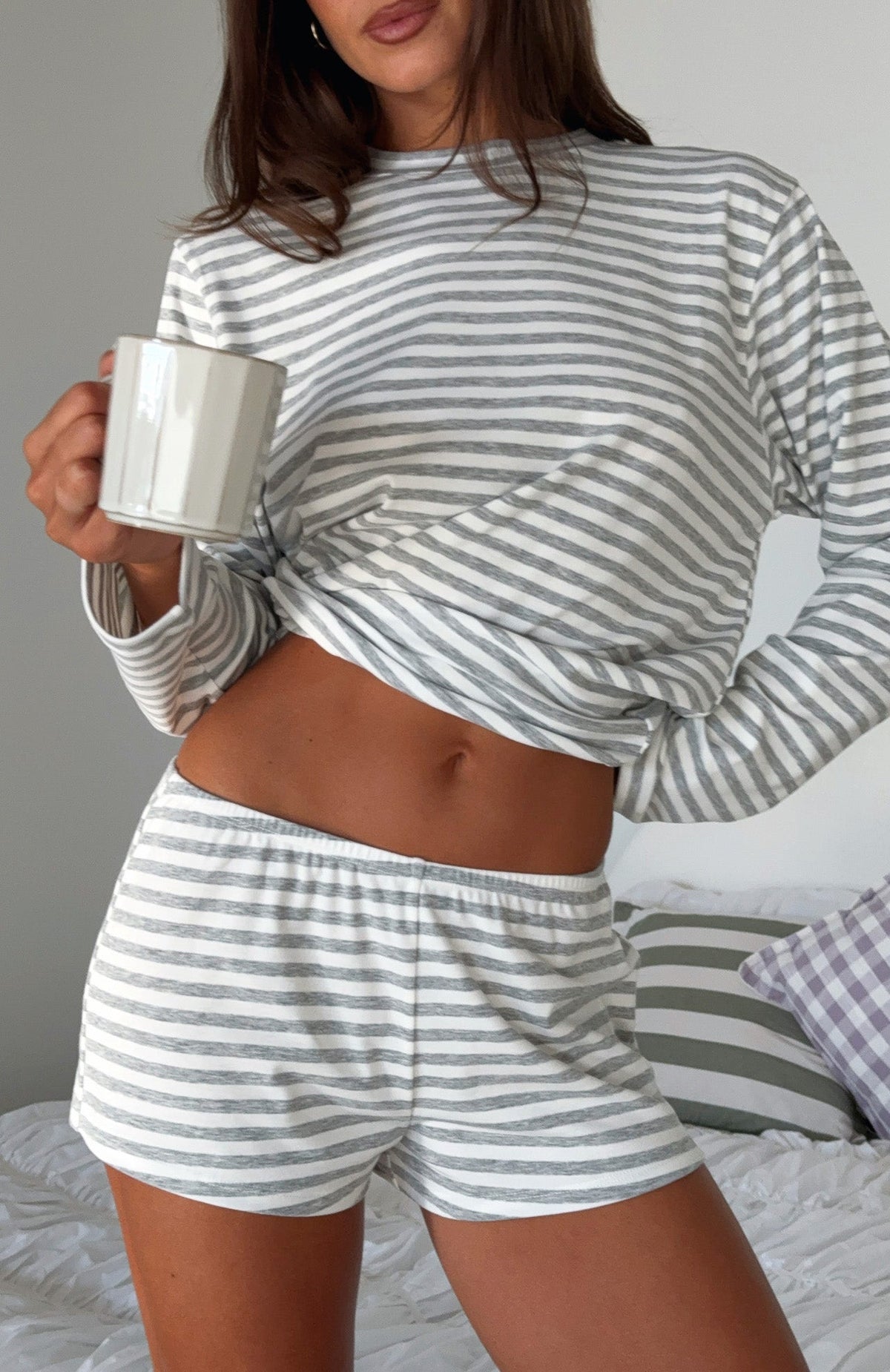 White Fox Slow Life Pyjama Shorts Grey/White Stripe