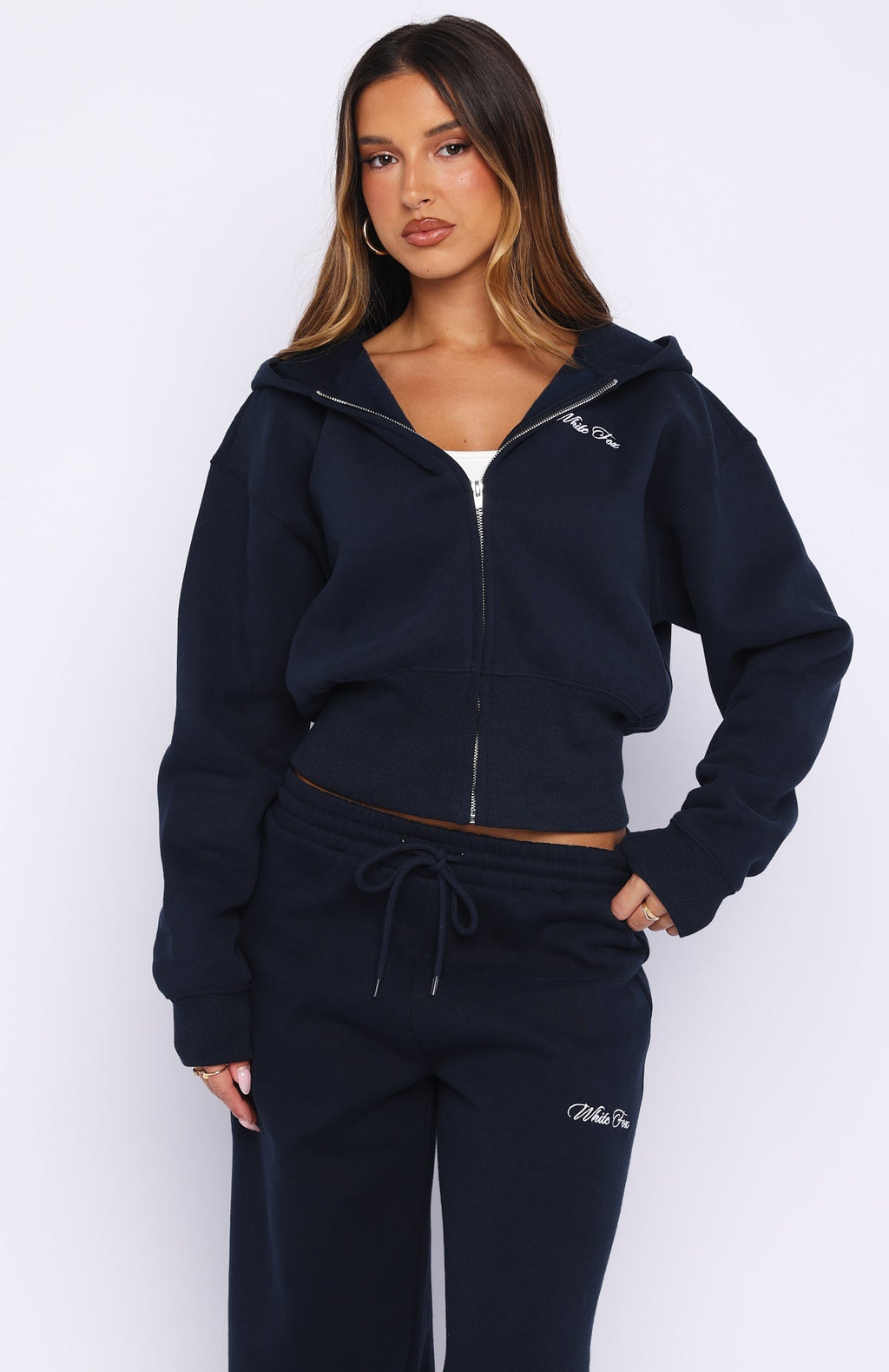 White Fox Wishing For It Cropped Cinched Zip Front Hoodie Navy
