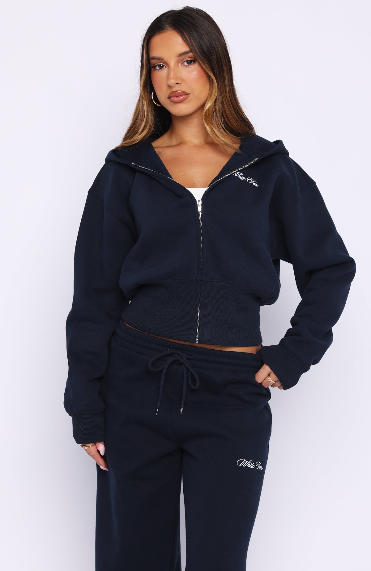 White Fox Wishing For It Cropped Cinched Zip Front Hoodie Navy