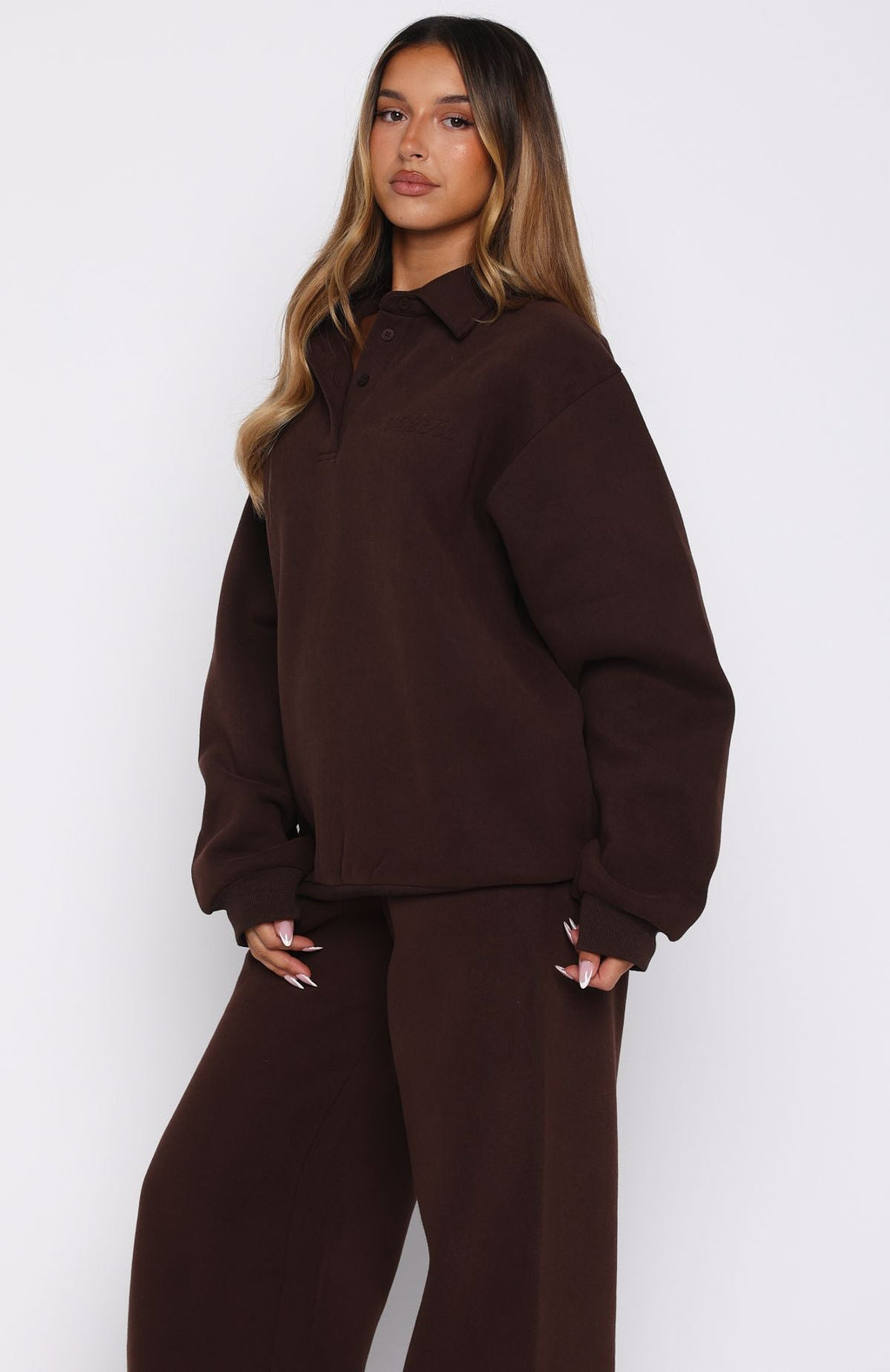 White Fox Chill Moves Oversized Henley Sweater Chocolate