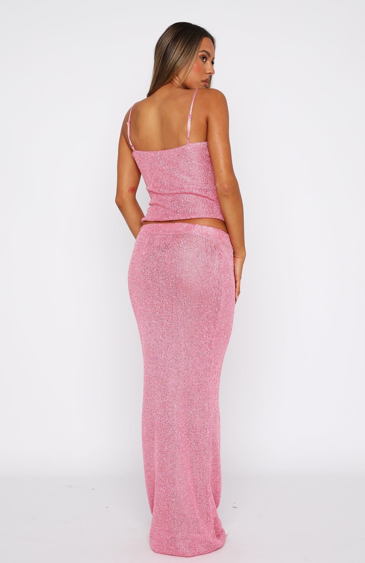 White Fox Star Shining Sequin Knit Maxi Skirt Bubblegum