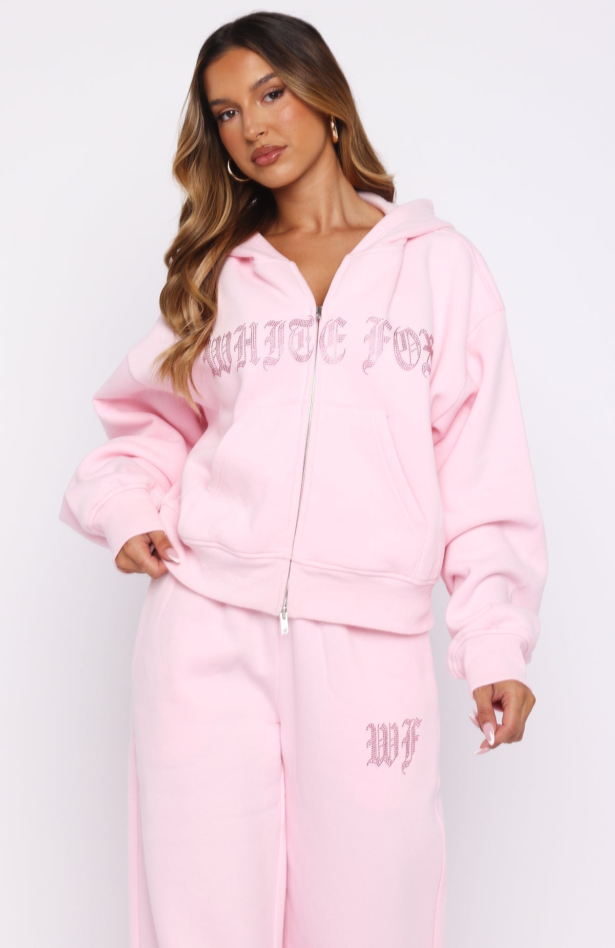 White Fox Lucky Ones Boxy Zip Front Hoodie Pink